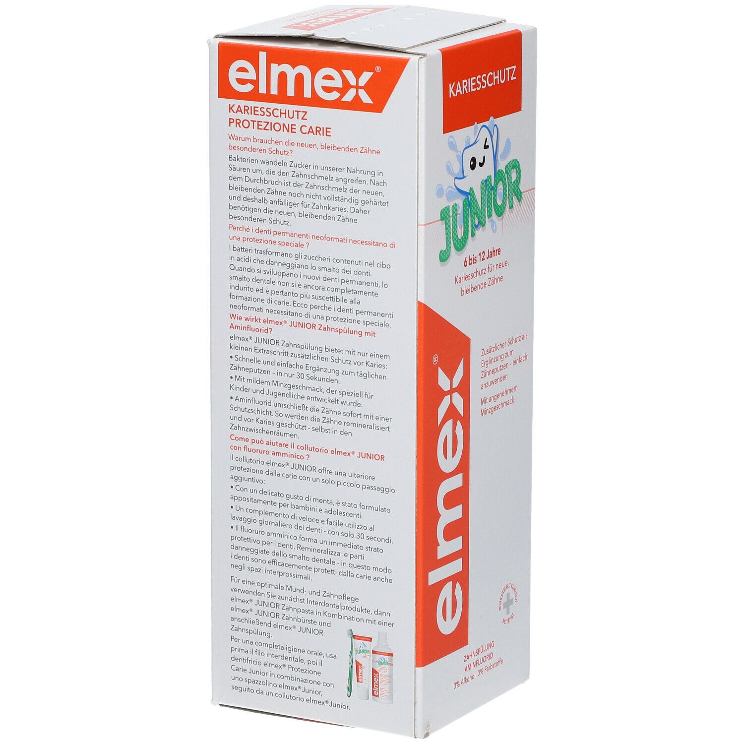 elmex® Junior collutorio. Confezione con informazioni sul prodotto. Testo: Junior, 6-12 anni, protezione dalla carie.