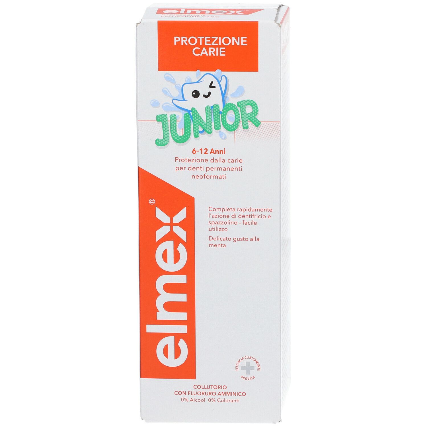 elmex® Junior collutorio. Bottiglia bianca con testo rosso e verde. Testo: Junior, 6-12 anni, protezione dalla carie.