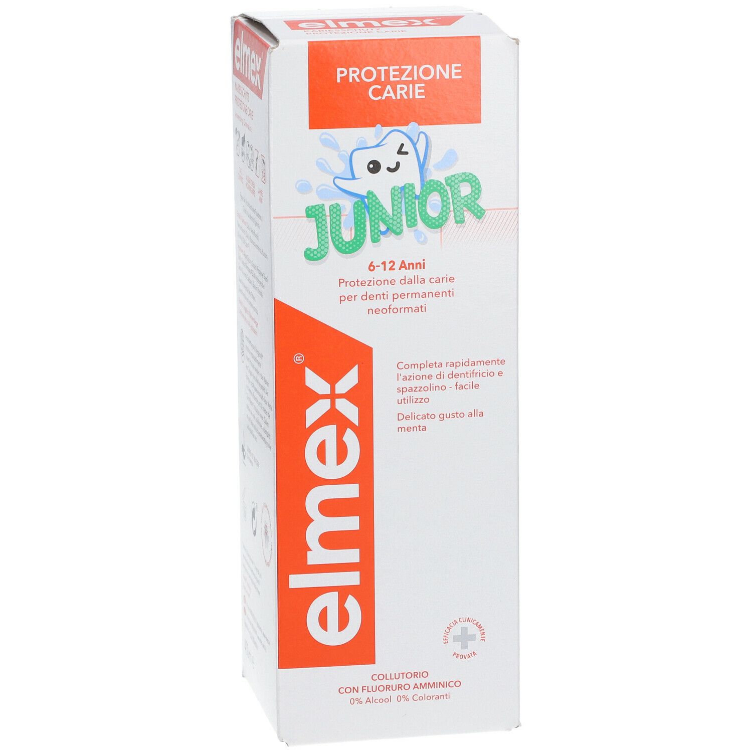 elmex® Junior collutorio. Bottiglia bianca con testo rosso e verde. Testo: Junior, 6-12 anni, protezione dalla carie.