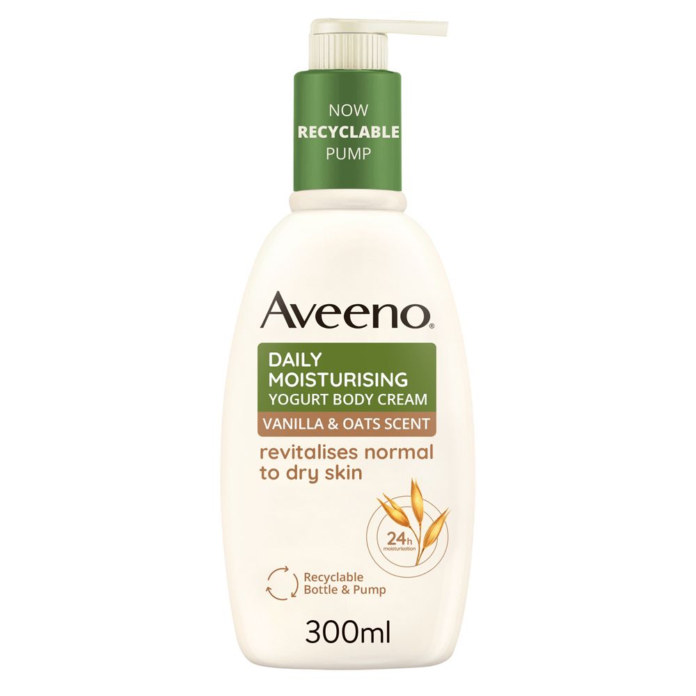 Aveeno Daily Moisturising Yogurt Body Cream. Flacone bianco con dosatore verde. Contiene 300ml. Profumo vaniglia e avena.