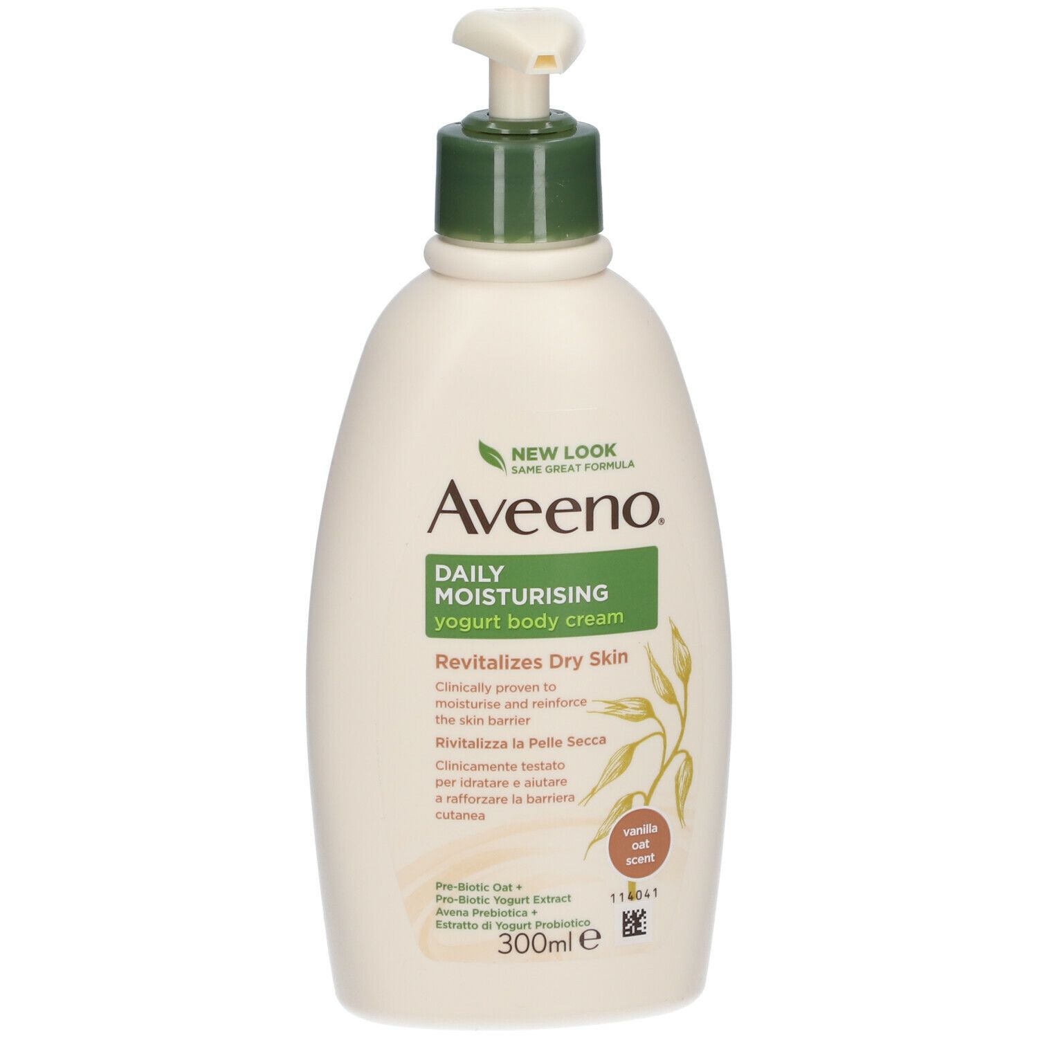 Aveeno Daily Moisturising Body Cream. Flacone bianco con dosatore verde. Rivitalizza la pelle secca. 300ml.