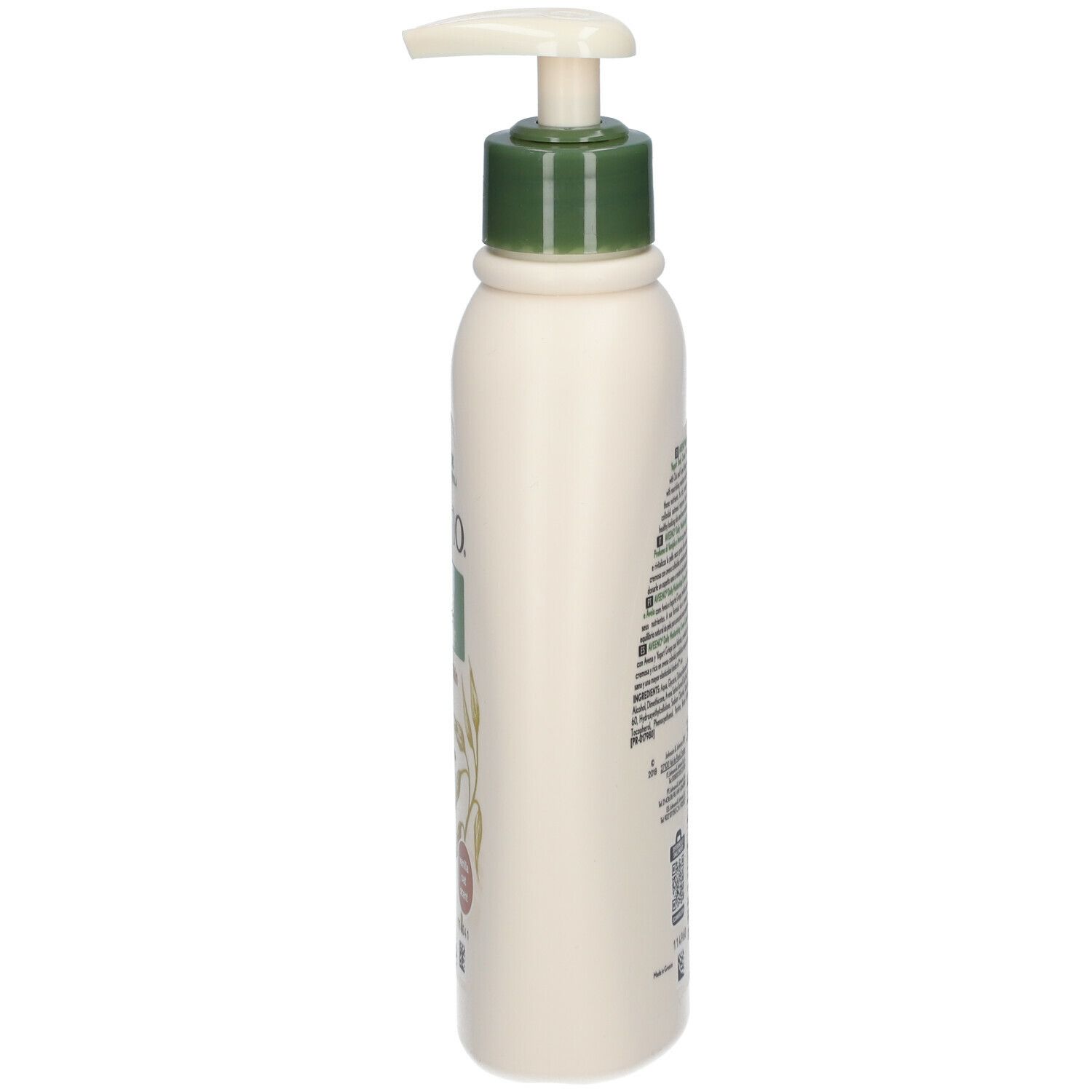 Lato di Aveeno Daily Moisturising Body Cream. Flacone bianco con dosatore verde. Testo e logo.