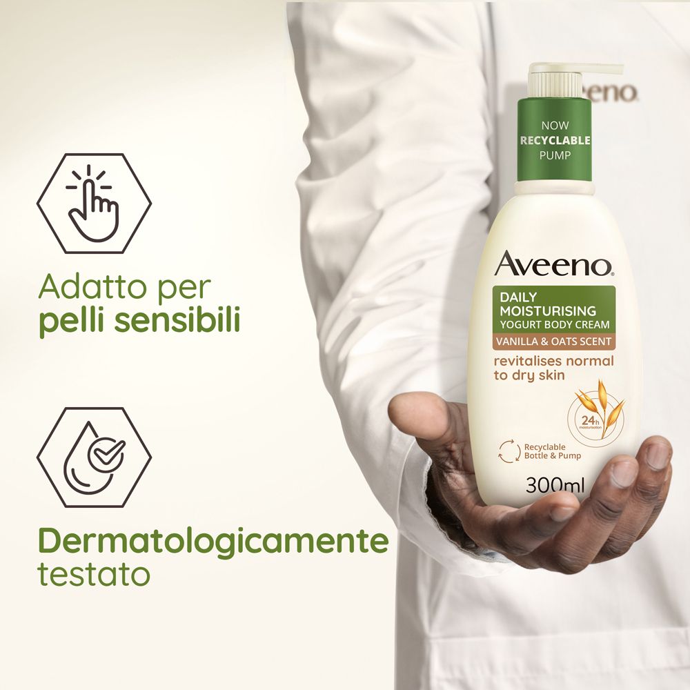 Aveeno Daily Moisturising Body Cream. Flacone con dosatore verde. Dermatologicamente testato. Adatto a pelli sensibili.
