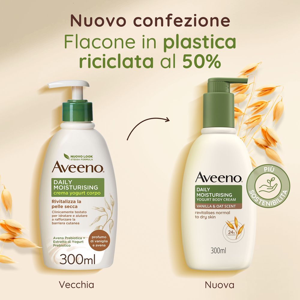 Confronto tra vecchio e nuovo flacone Aveeno. Nuovo flacone in plastica riciclata al 50%. Contiene 300ml.