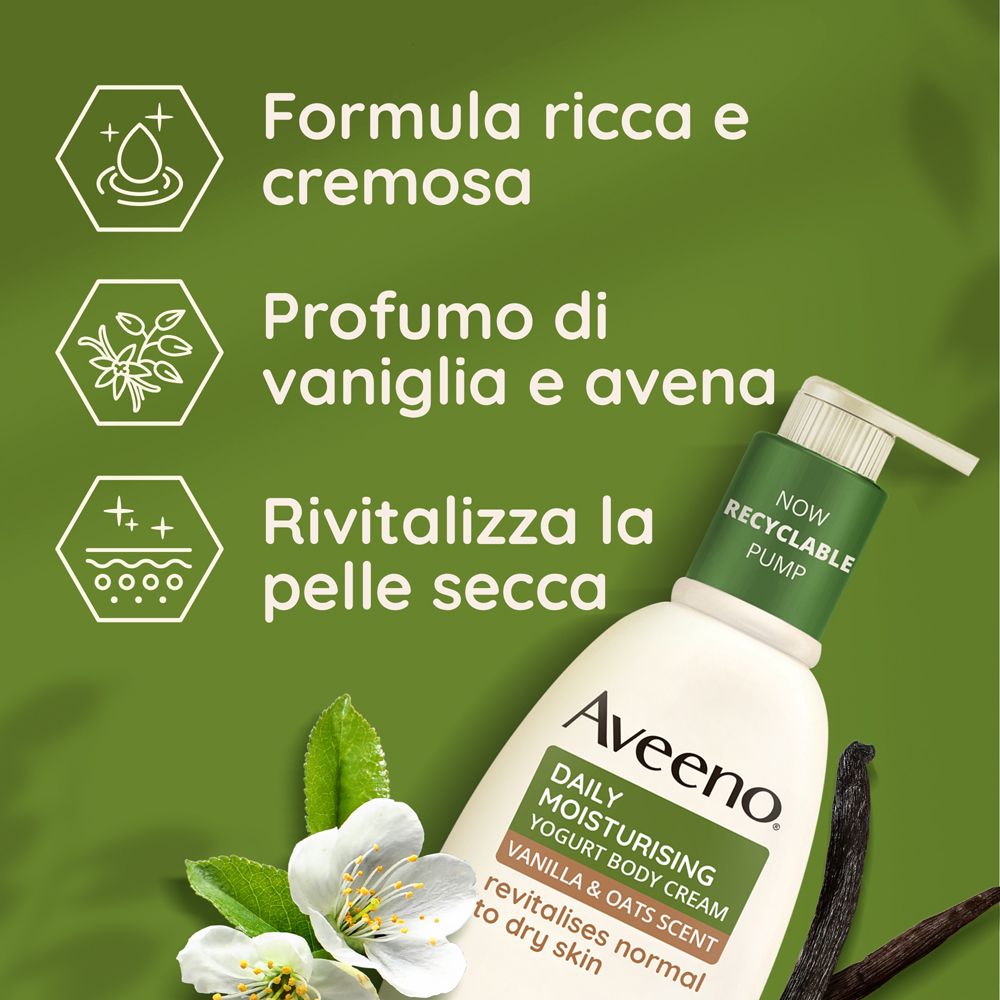 Aveeno Daily Moisturising Body Cream. Flacone con dosatore verde. Formula ricca e cremosa. Profumo vaniglia e avena.