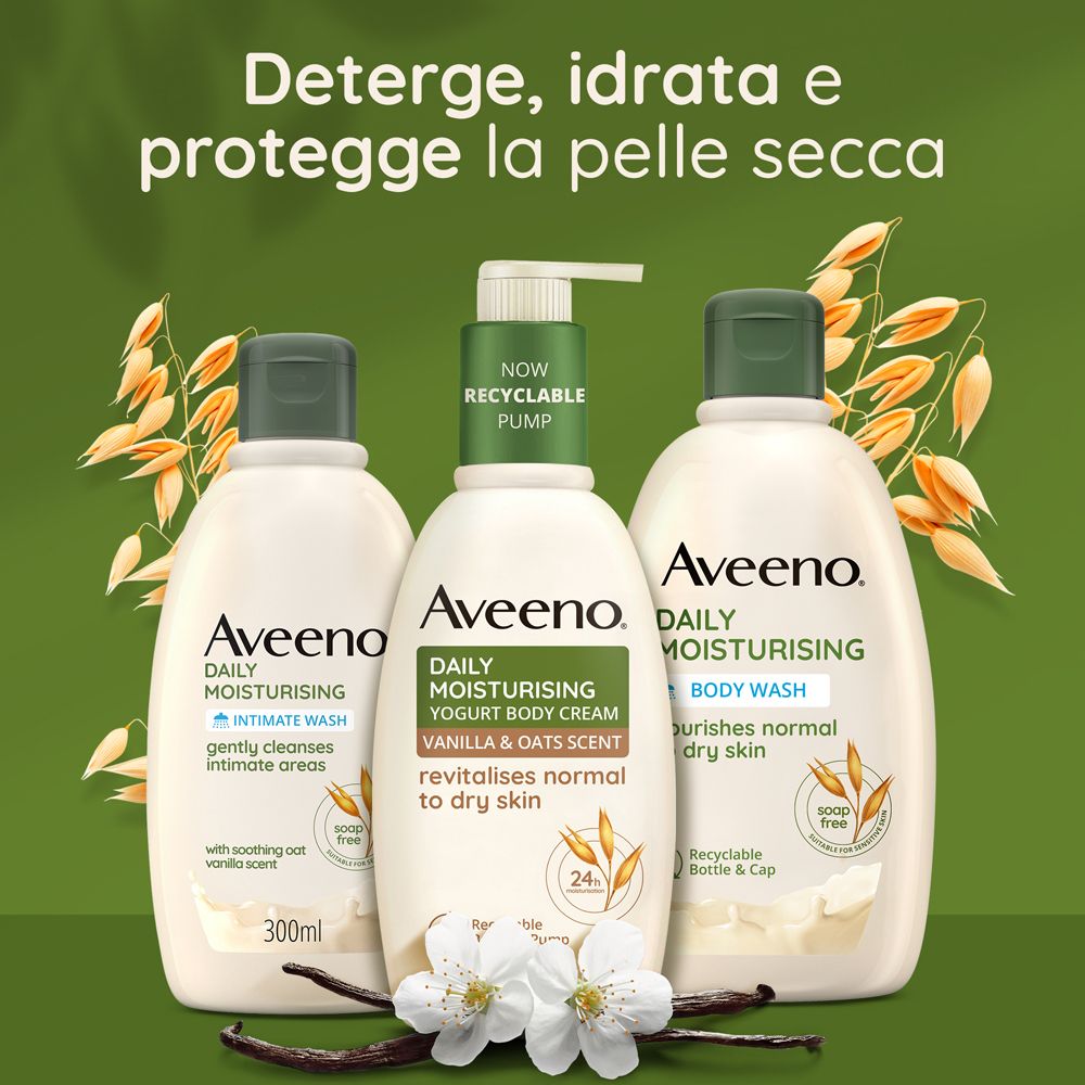 Tre flaconi Aveeno. Deterge, idrata e protegge la pelle secca. 300ml. Profumo vaniglia e avena.