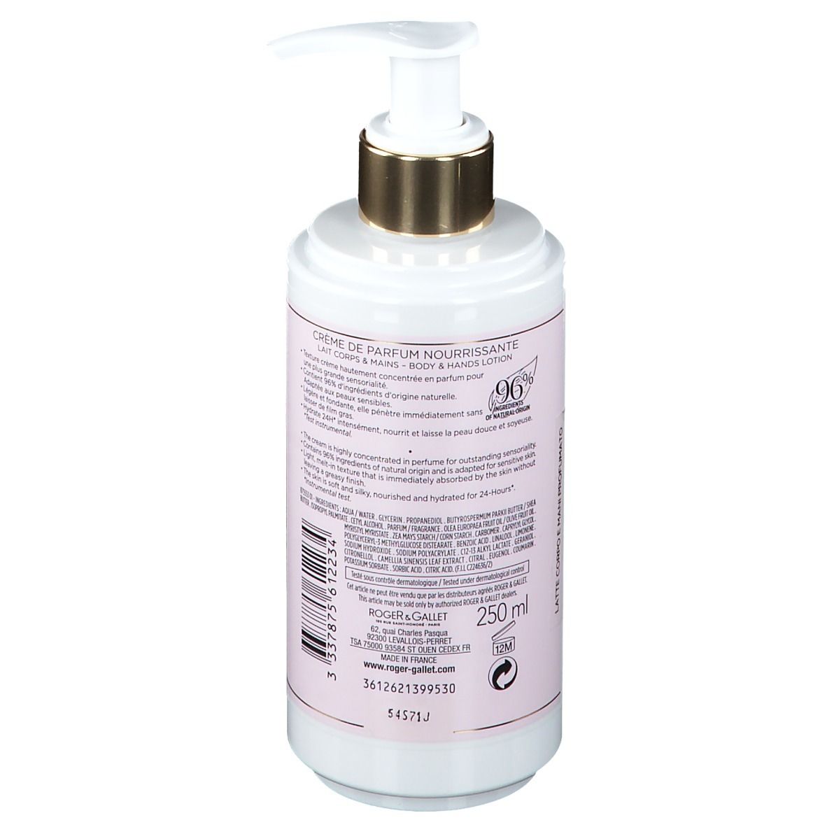 Flacon avec étiquette rose et texte. Pompe dorée. Texte: Crème de Parfum Nourrissante, 250 ml, 96% ingrédients d'origine naturelle.