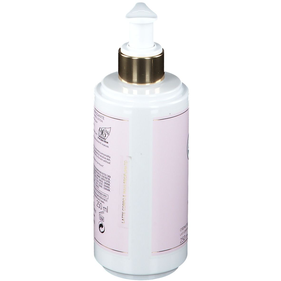 Flacon avec étiquette rose et texte. Pompe dorée. Texte: Crème de Parfum Nourrissante, 250 ml, 96% ingrédients d'origine naturelle.