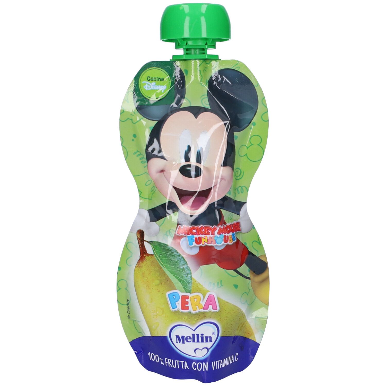 Mellin Pouch con Mickey Mouse. Verde, con pera e illustrazione di Mickey. Tappo verde.