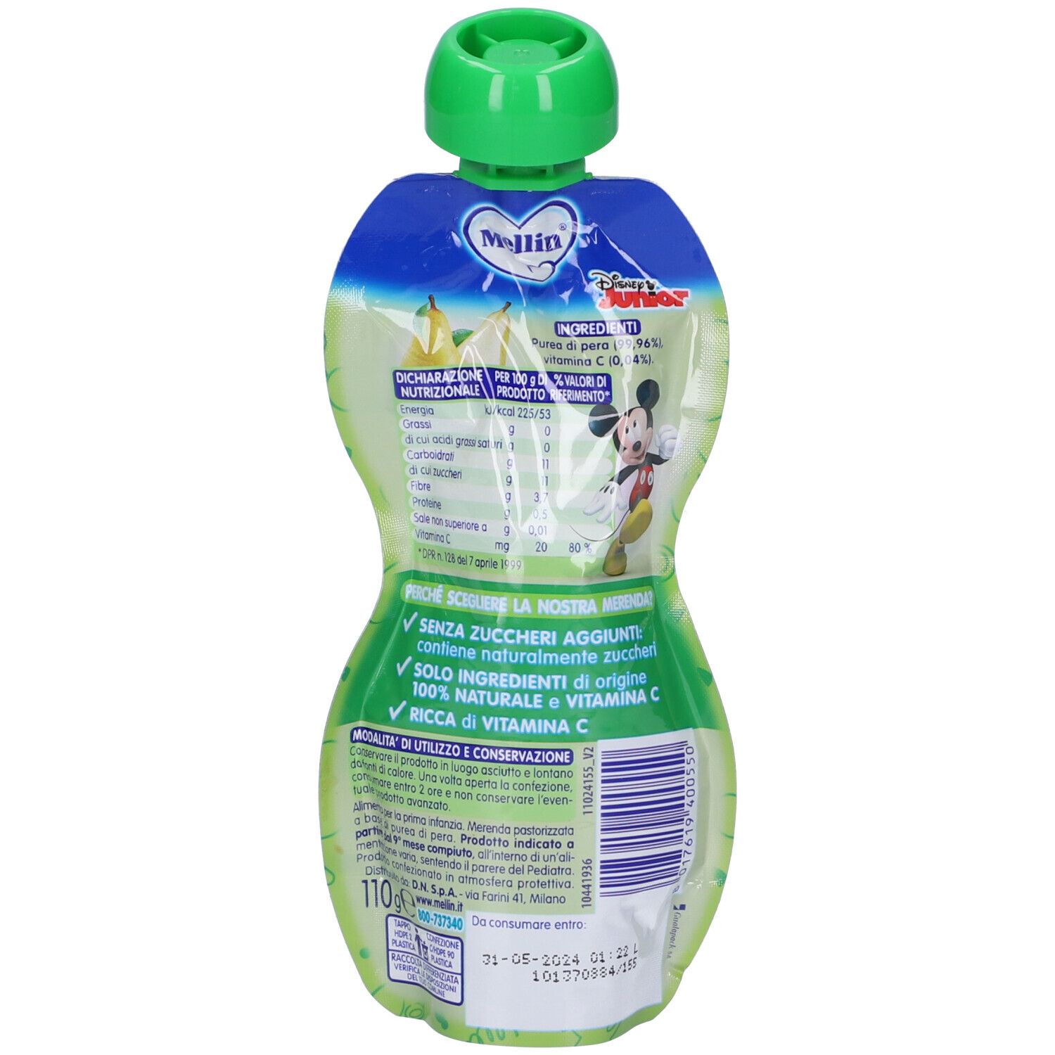 Retro del Mellin Pouch. Confezione verde con testo e informazioni nutrizionali. Tappo verde.