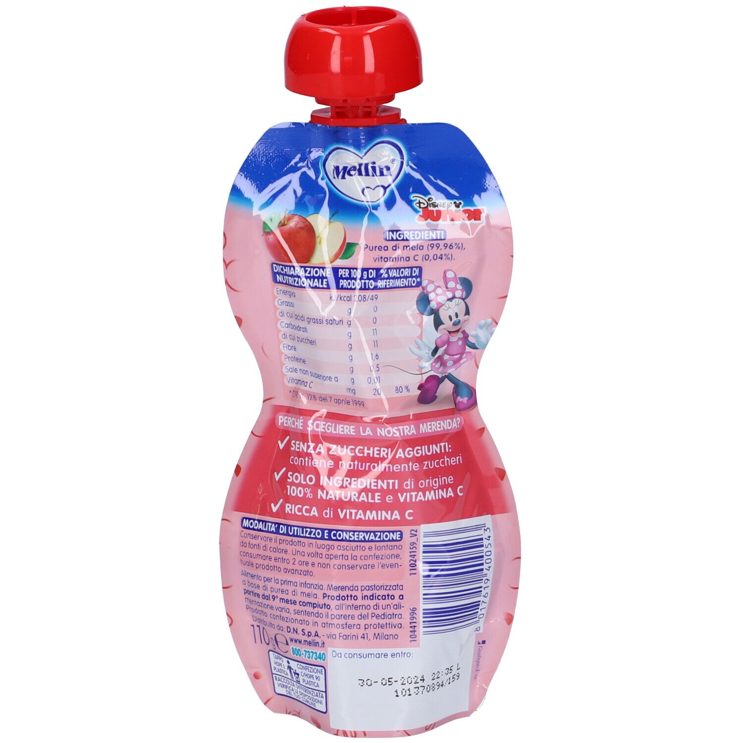Retro della pouch. Sfondo rosa. Testo: Mellin, informazioni nutrizionali, 100% naturale di vitamina C. Minnie.