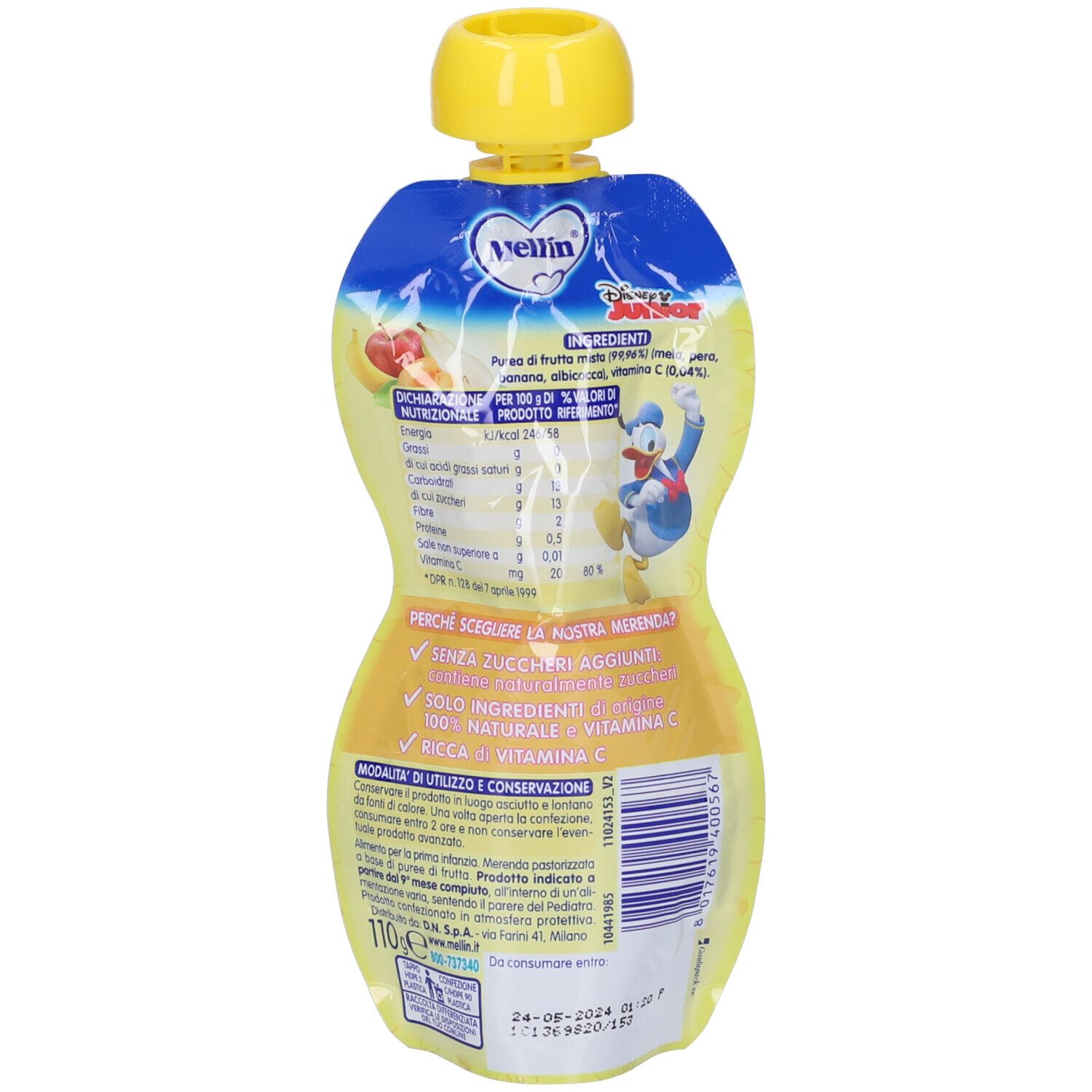 Retro della confezione di frutta mista con Donald Duck. Scritta: Mellin. Contiene informazioni nutrizionali e ingredienti. Tappo giallo.