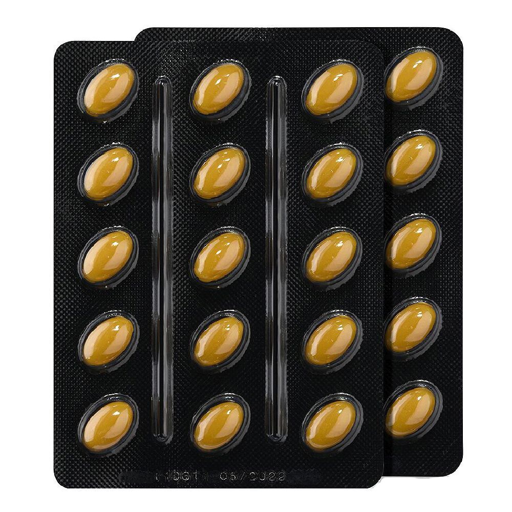 Due blister di capsule gialle. Ogni blister contiene 15 capsule in blister.