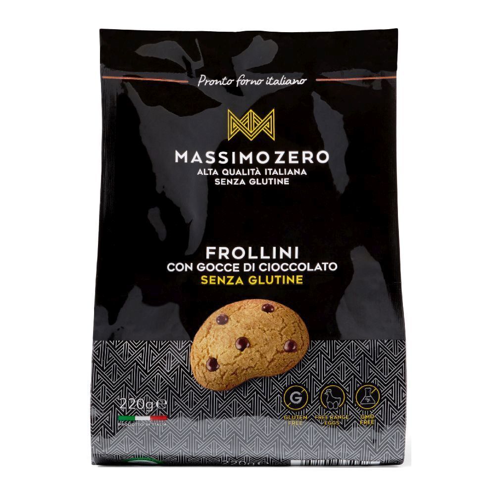 Confezione nera Massimo Zero Frollini Gocce Cioccolato. Senza glutine. Biscotto con gocce di cioccolato in evidenza.
