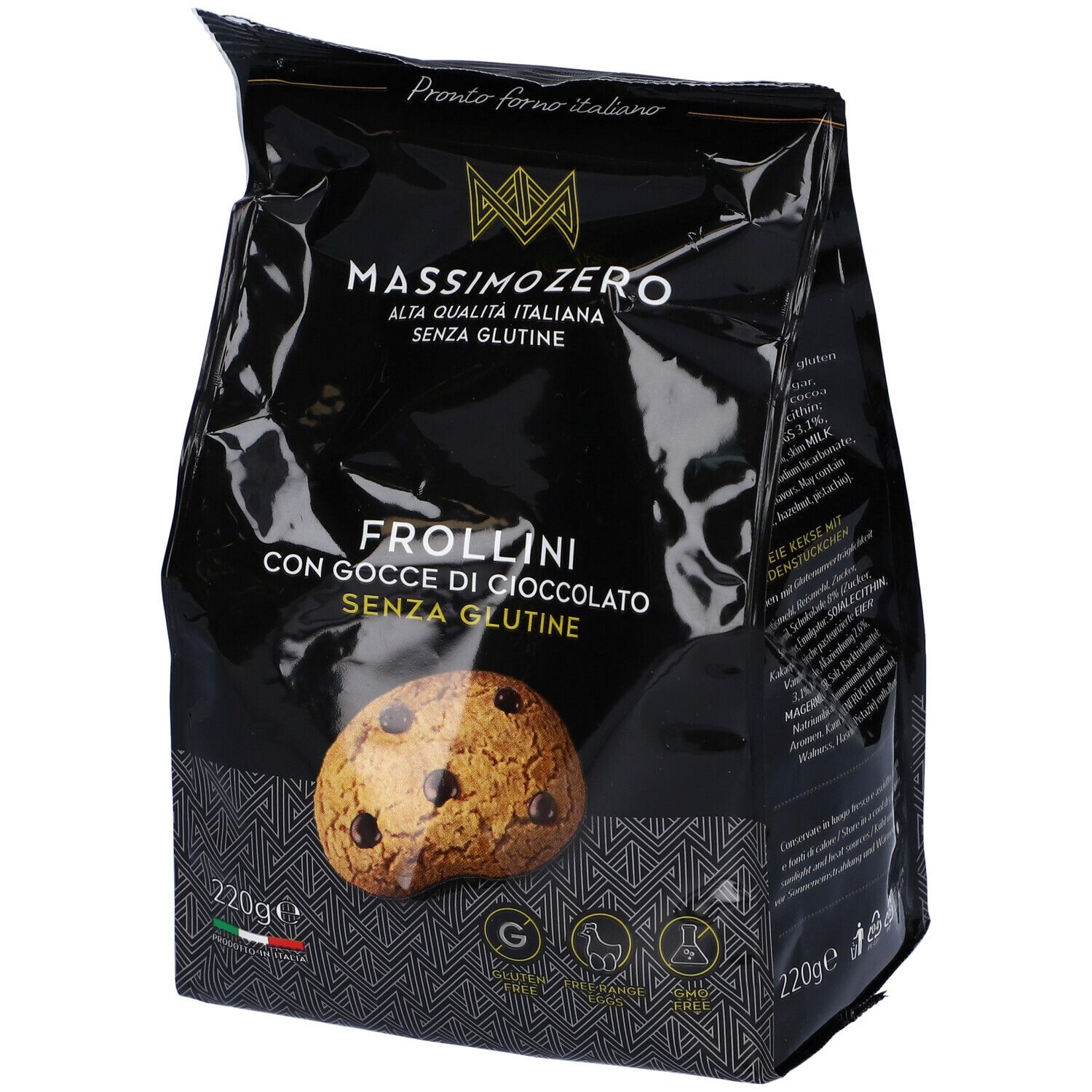 Confezione nera Massimo Zero Frollini Gocce Cioccolato. Senza glutine. Biscotto con gocce. 220g. Certificazioni.