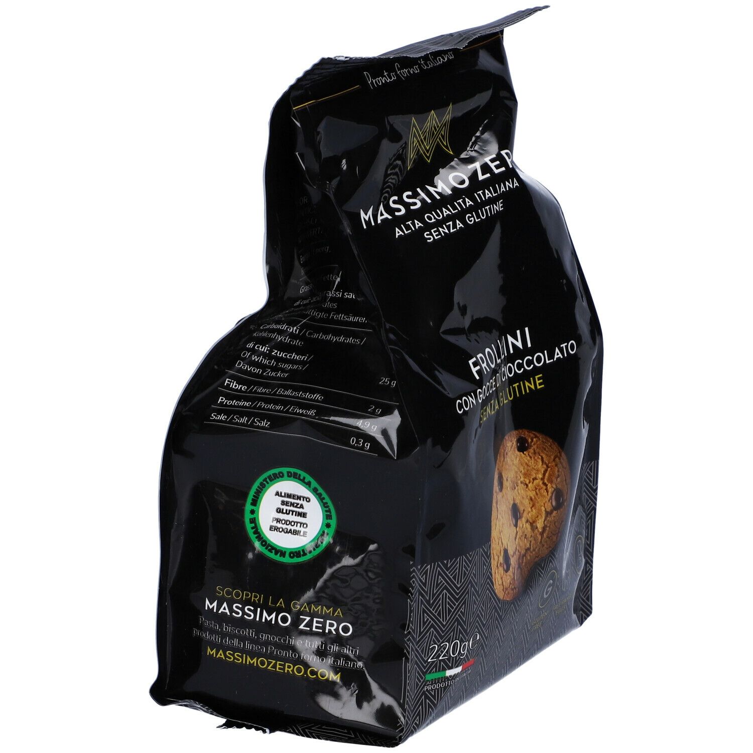 Confezione Massimo Zero Frollini Gocce Cioccolato. Senza glutine. Retro con testo e valori nutrizionali. 220g.