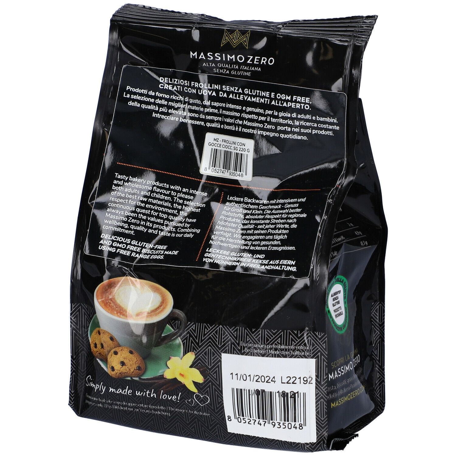 Retro confezione Massimo Zero Frollini Gocce Cioccolato. Testo, valori nutrizionali, immagine di caffè e biscotti.
