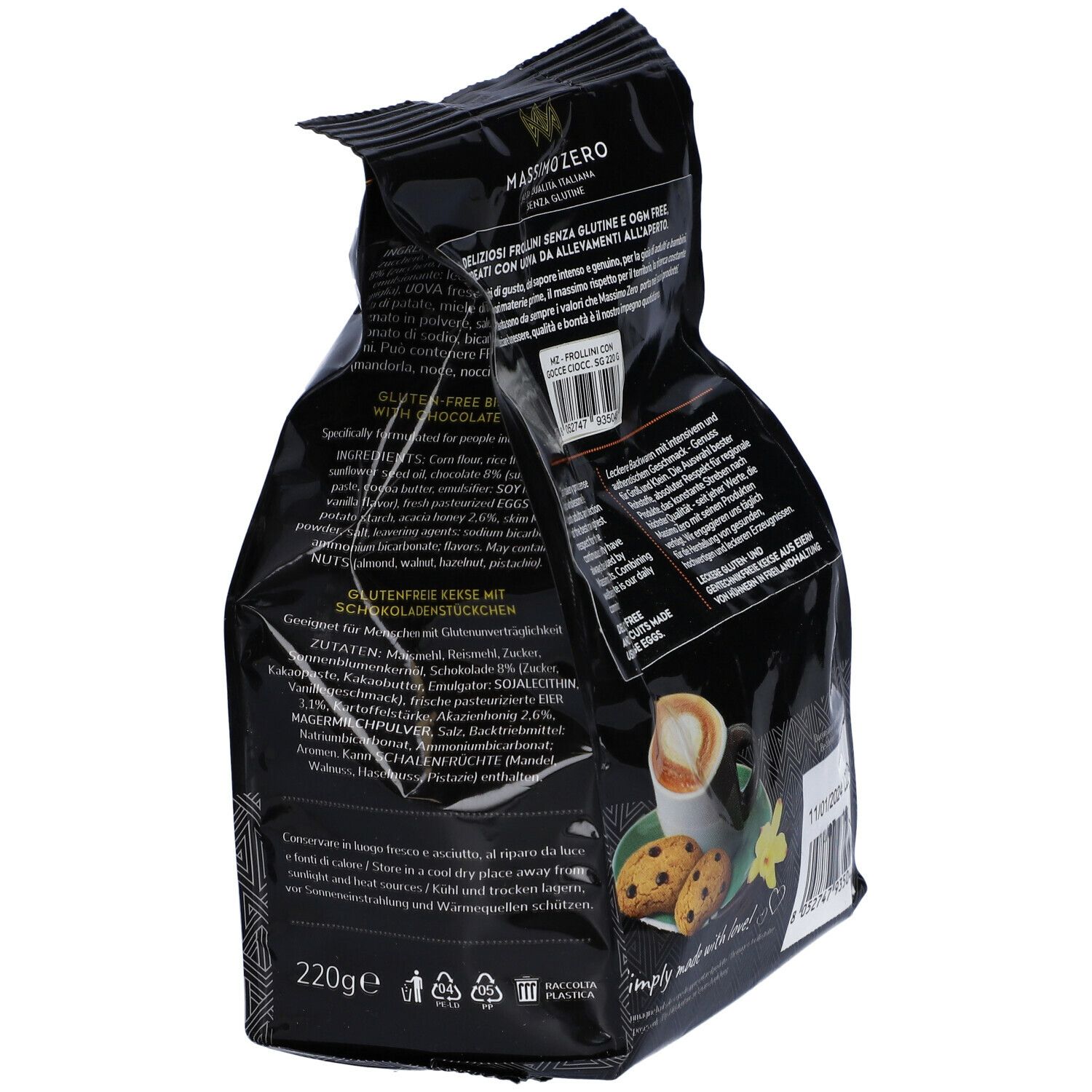 Retro confezione Massimo Zero Frollini Gocce Cioccolato. Lista ingredienti, valori nutrizionali, immagine di caffè e biscotti.