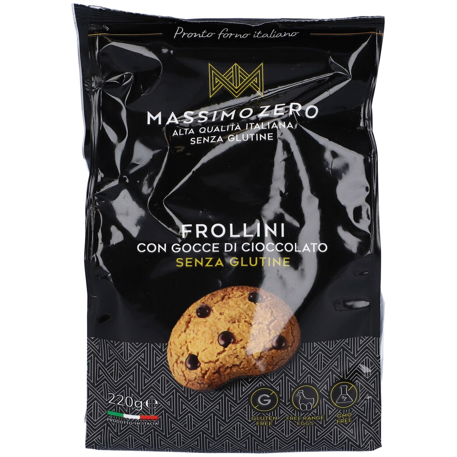 Confezione nera Massimo Zero Frollini Gocce Cioccolato. Senza glutine. Biscotto con gocce. 220g.