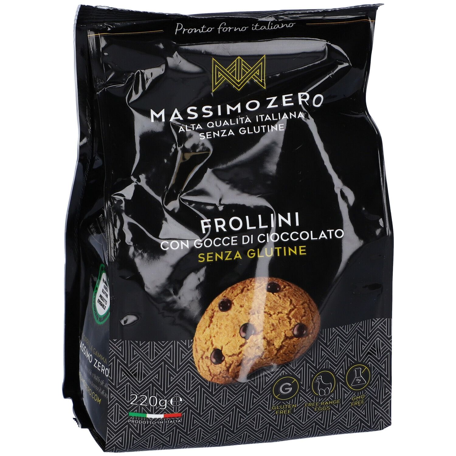 Confezione nera Massimo Zero Frollini Gocce Cioccolato. Senza glutine. Biscotto con gocce. 220g. Certificazioni.