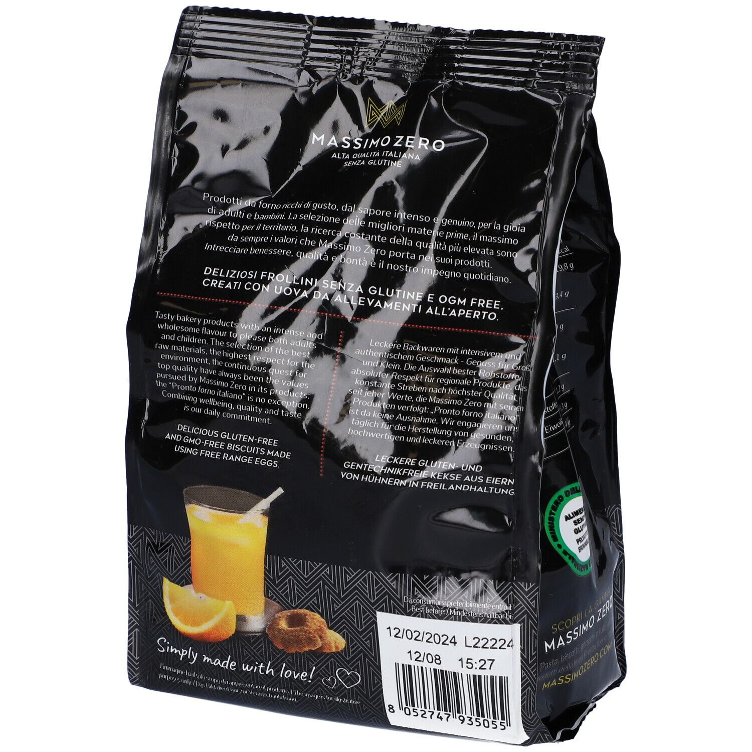 Retro della confezione nera di Frollini Massimo Zero. Testo e immagine di una bevanda con biscotto. Senza glutine.