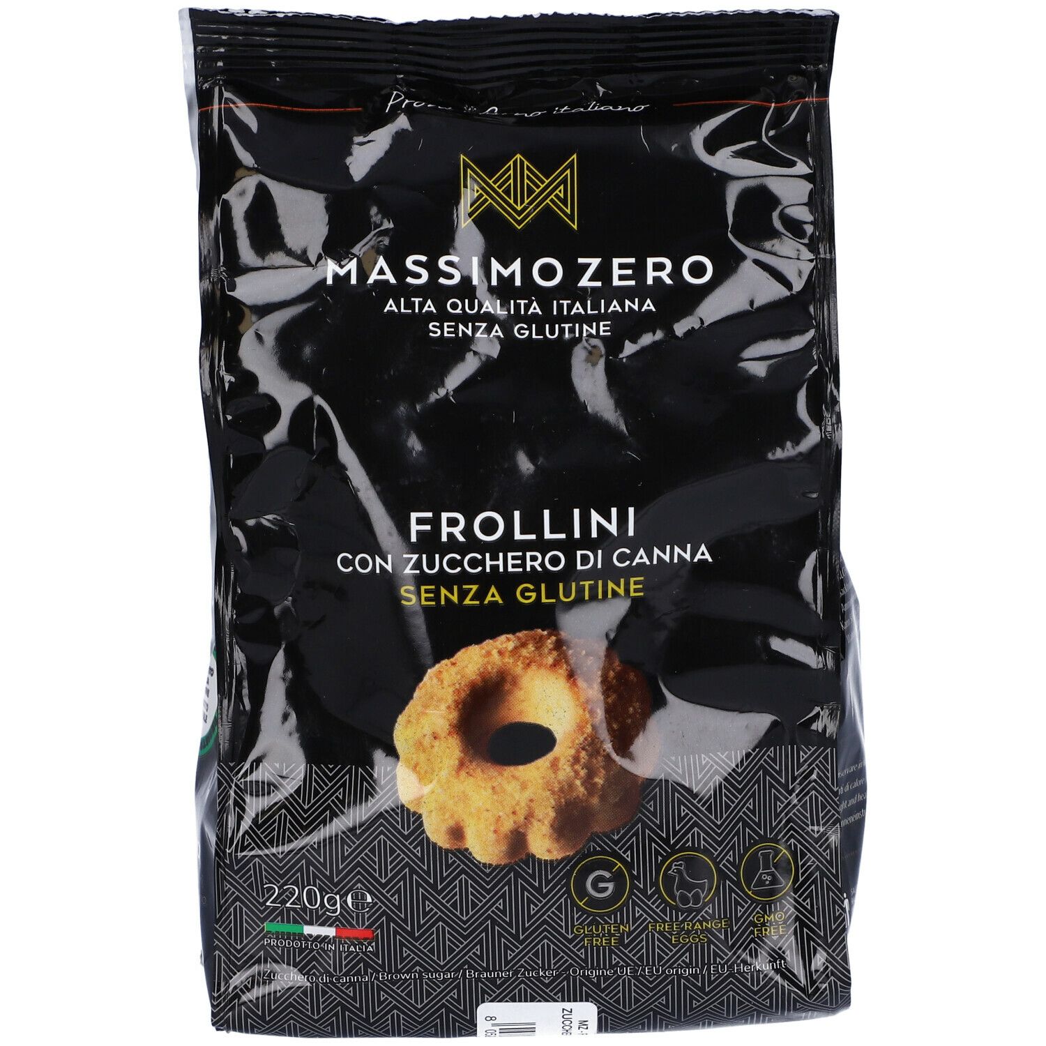 Confezione nera di Frollini Massimo Zero. Scritta: Alta Qualità Italiana, Senza Glutine. Immagine di un biscotto.