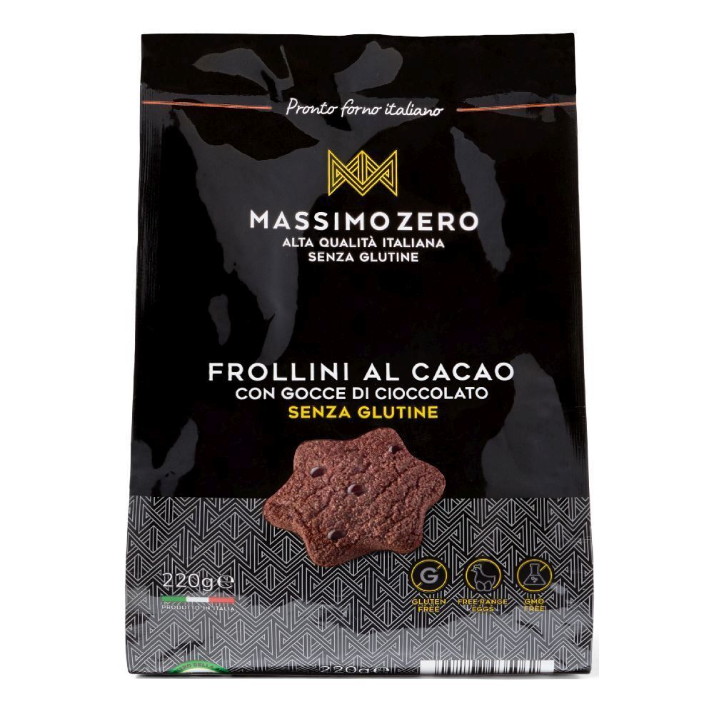 Confezione nera Massimo Zero Frollini Cacao. Scritto: Frollini al cacao, senza glutine. 220g. Sigillo senza glutine.
