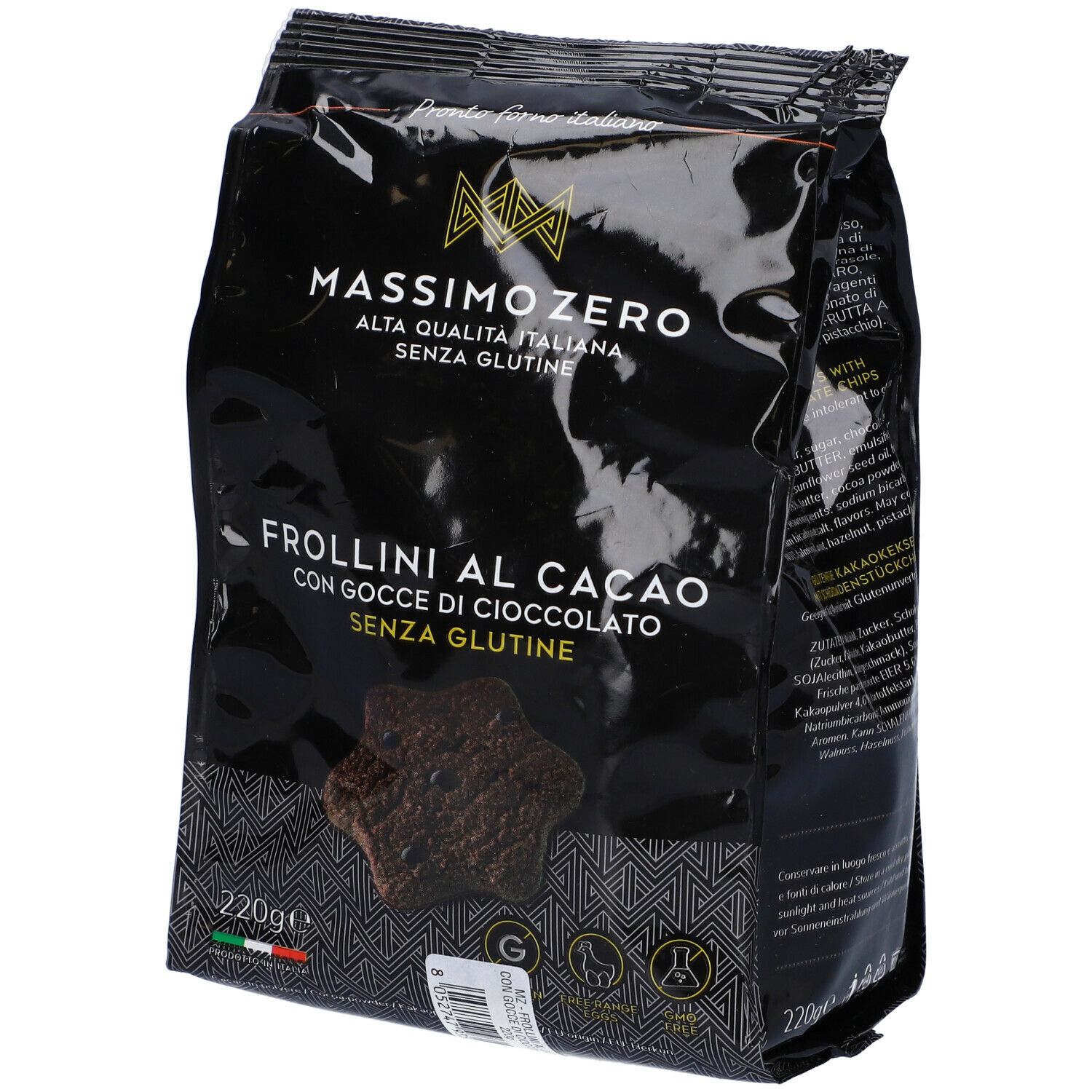 Confezione nera Massimo Zero Frollini Cacao. Scritto: Frollini al cacao, senza glutine. 220g. Sigillo senza glutine. Parzialmente aperta.