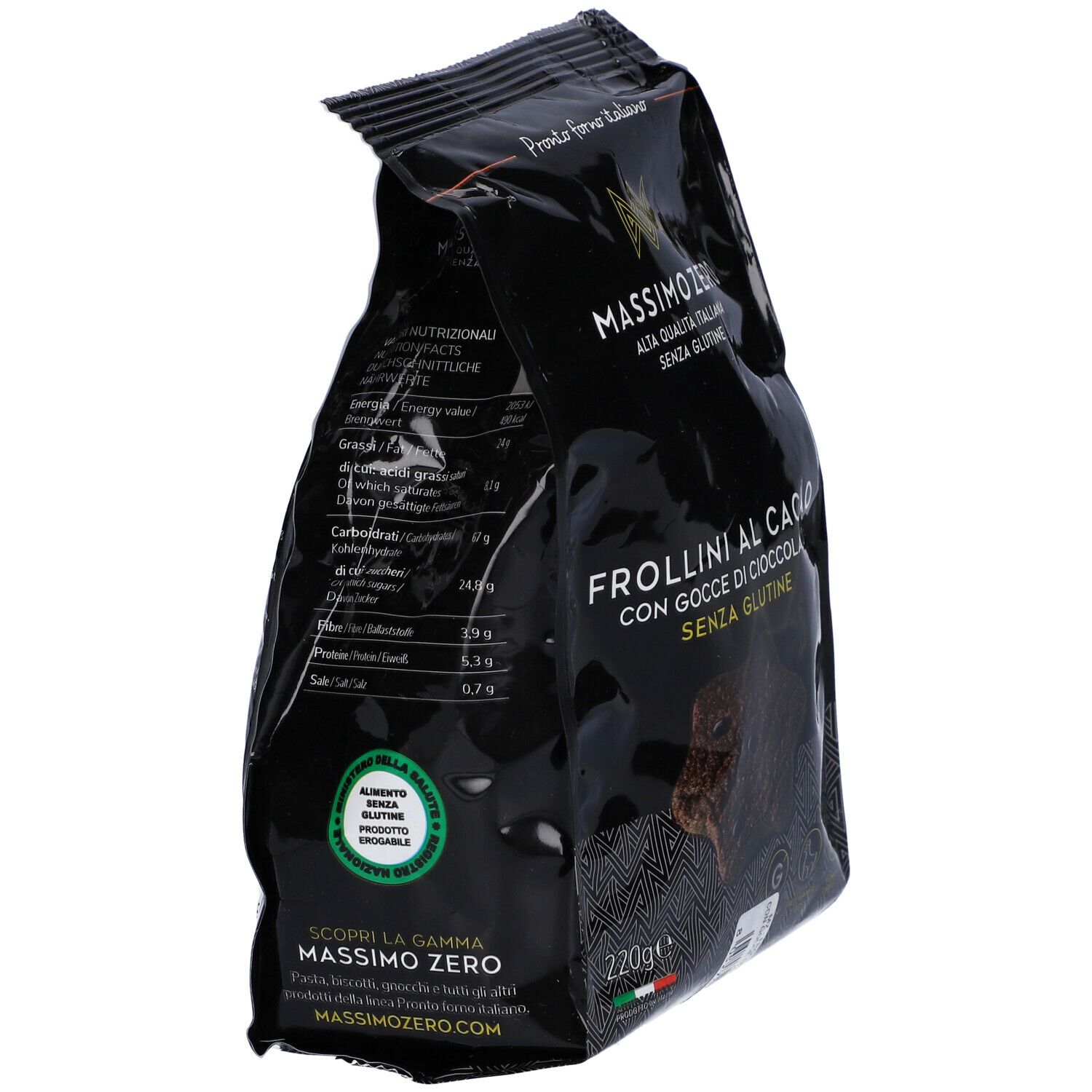 Confezione Massimo Zero Frollini Cacao, vista laterale. Scritto: Frollini al cacao, senza glutine. 220g. Sigillo senza glutine. Informazioni nutrizionali.