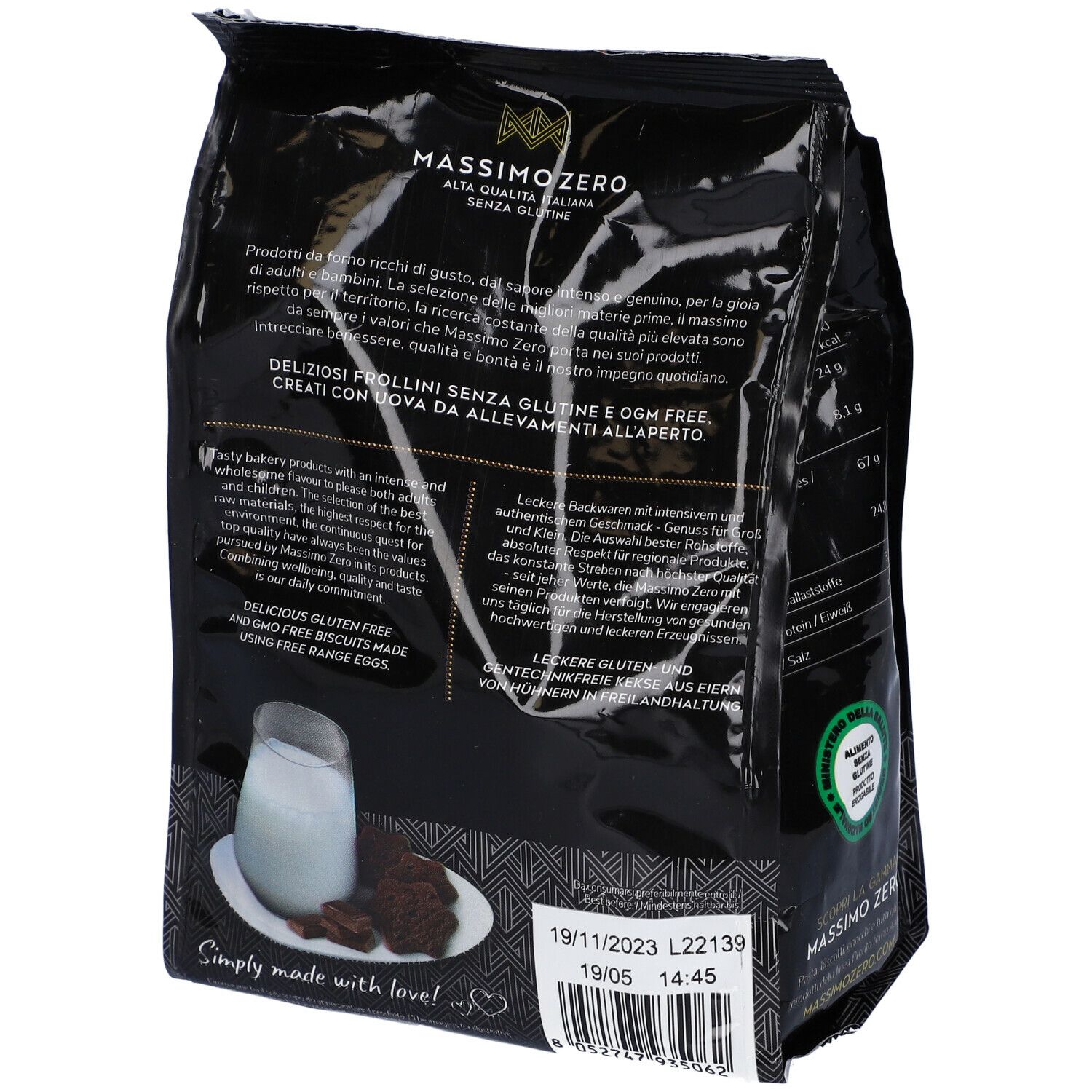 Confezione Massimo Zero Frollini Cacao, retro. Scritto: Frollini al cacao, senza glutine. 220g. Sigillo senza glutine. Elenco ingredienti.