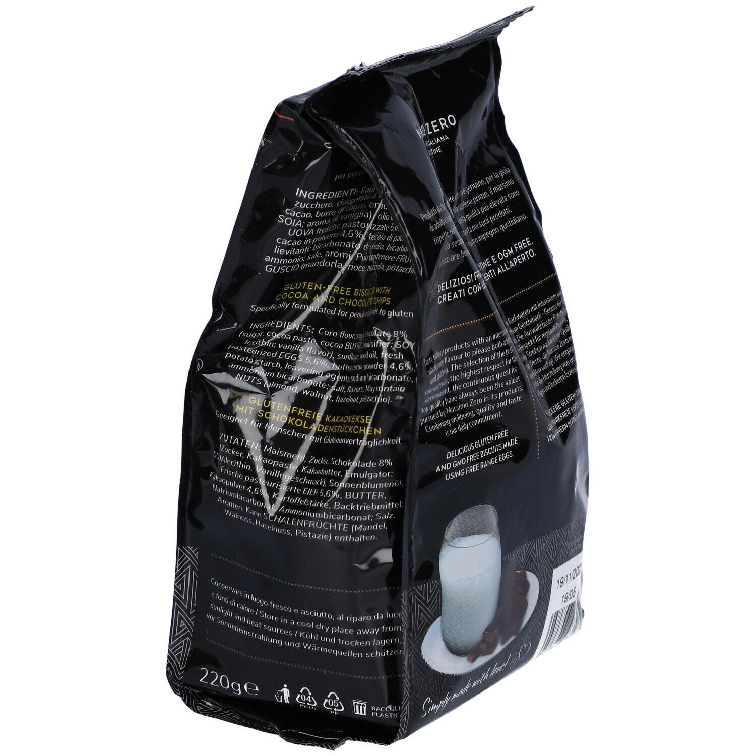 Confezione Massimo Zero Frollini Cacao, vista laterale. Scritto: Frollini al cacao, senza glutine. 220g. Sigillo senza glutine. Elenco ingredienti.