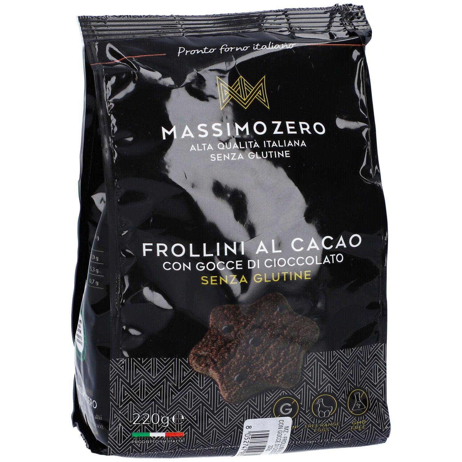 Confezione nera Massimo Zero Frollini Cacao. Scritto: Frollini al cacao, senza glutine. 220g. Sigillo senza glutine.