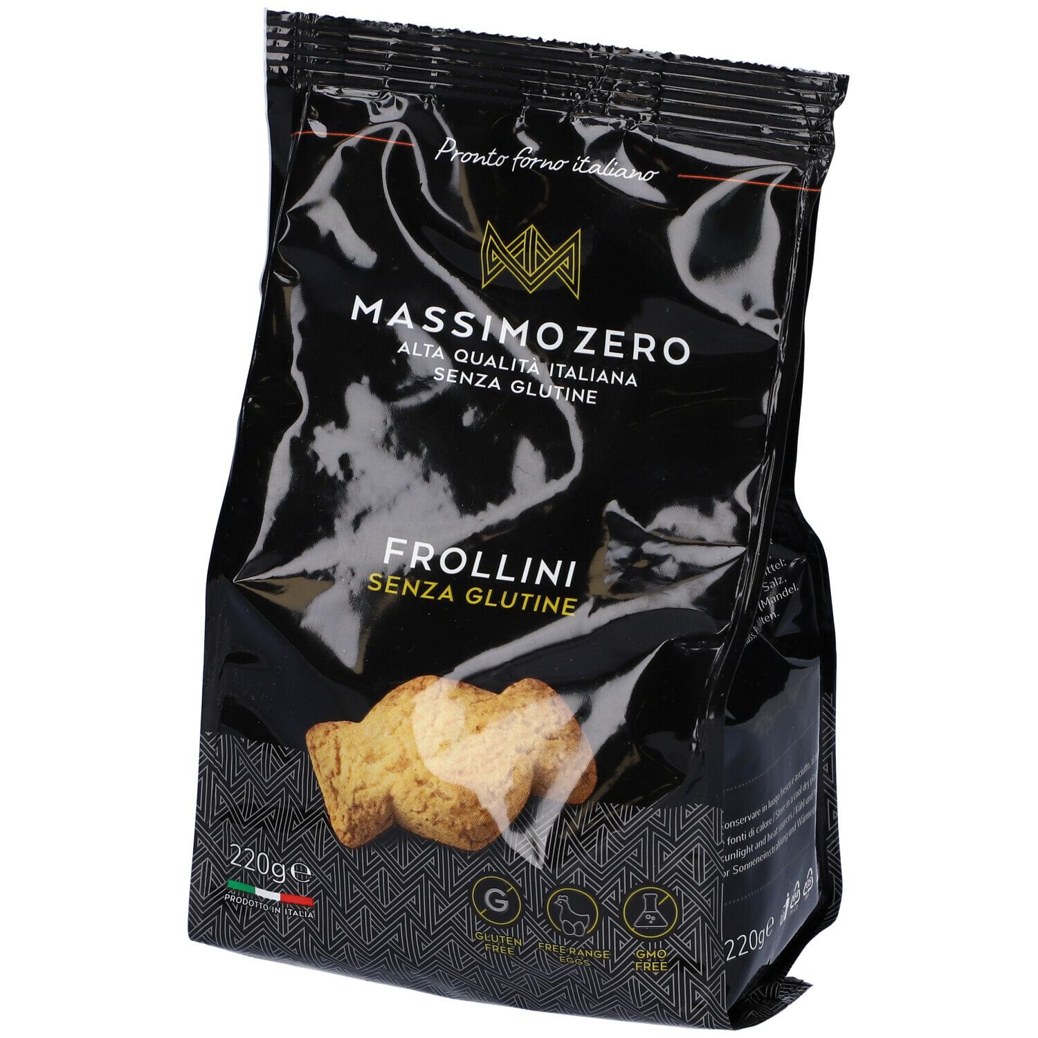 Confezione nera di Frollini Massimo Zero senza glutine. 220g. Biscotti visibili. Bandiera italiana e certificazioni.