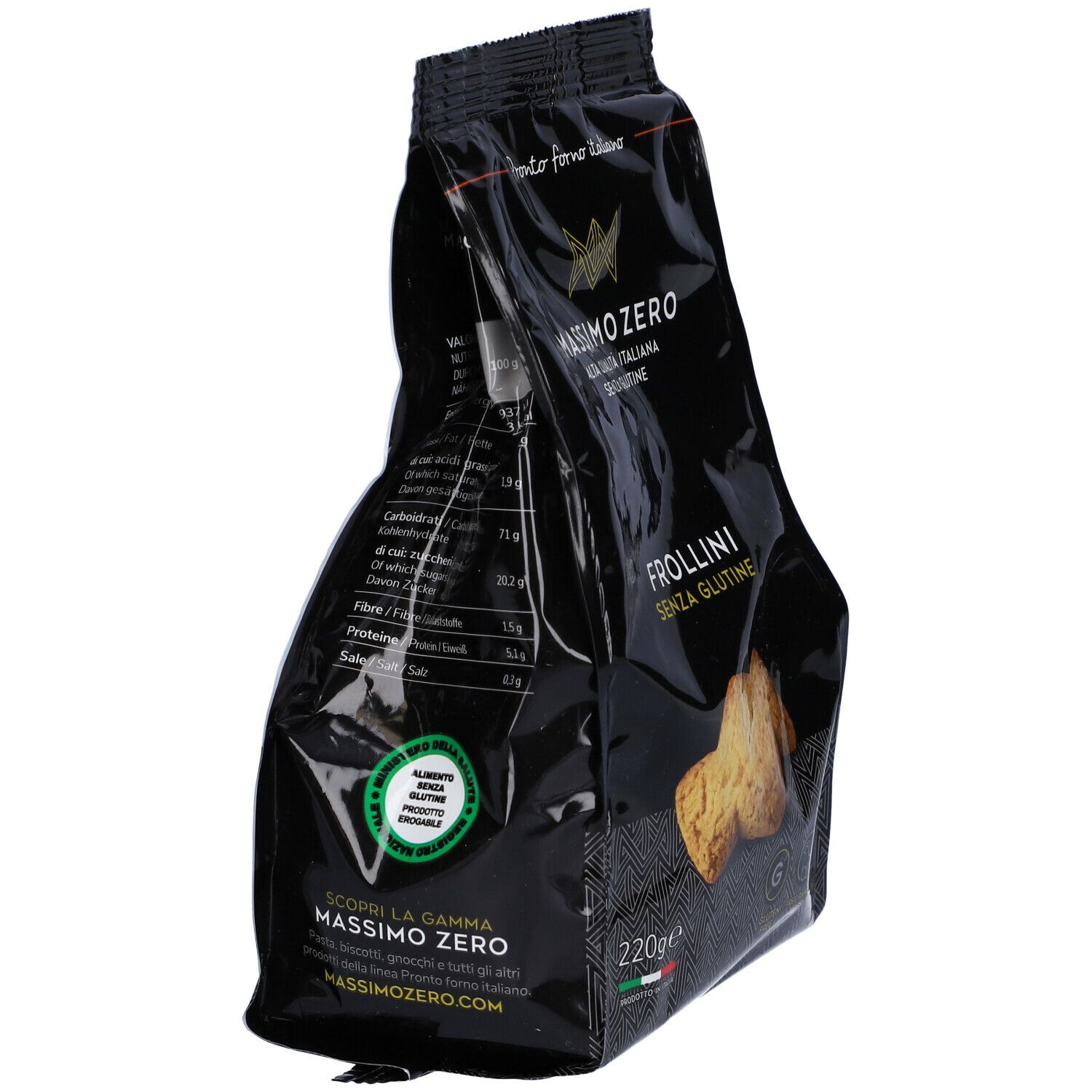 Confezione nera di Frollini Massimo Zero. Retro con informazioni nutrizionali e testo. 220g. Senza glutine.