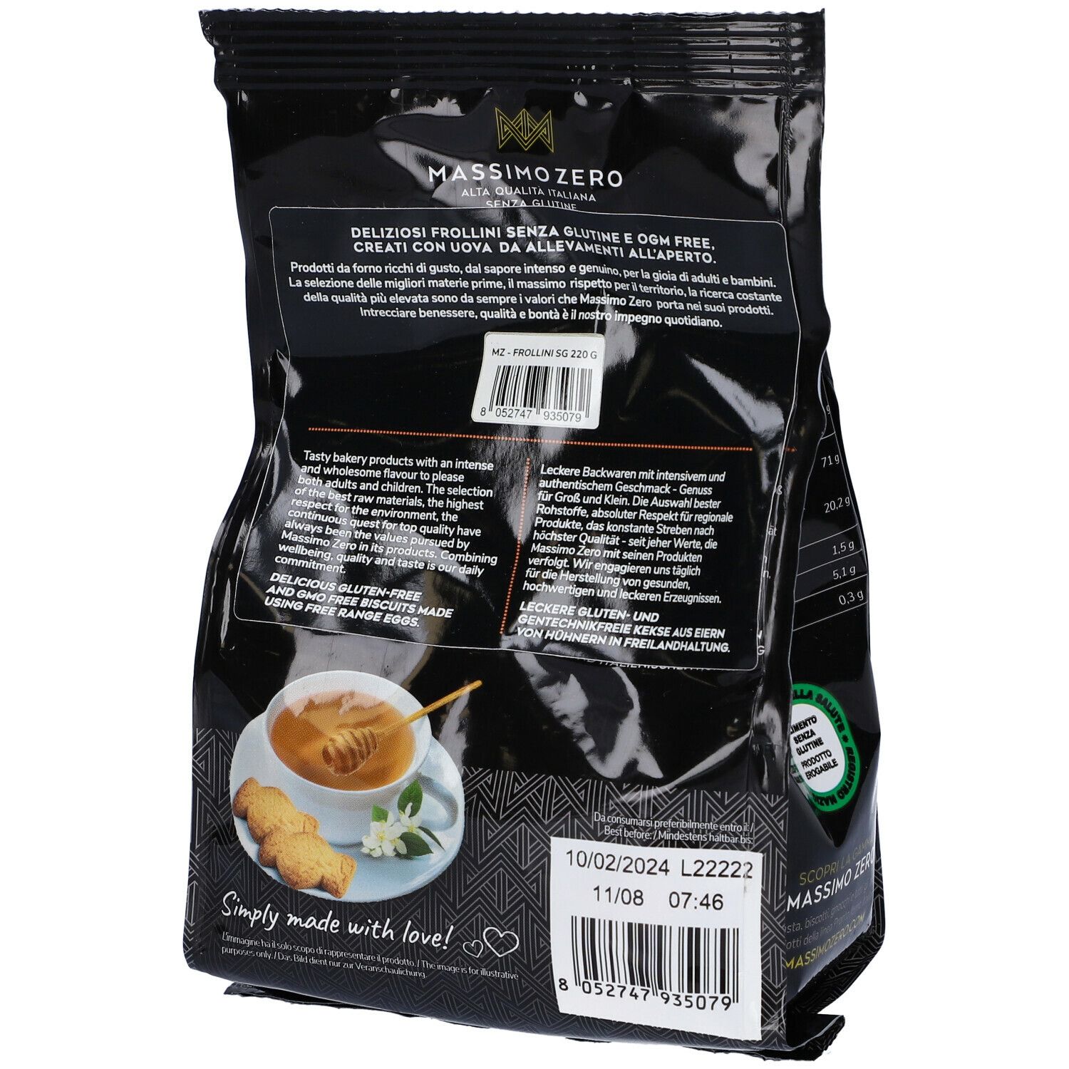 Retro della confezione di Frollini Massimo Zero. Testo, informazioni nutrizionali, data. Senza glutine. 220g.