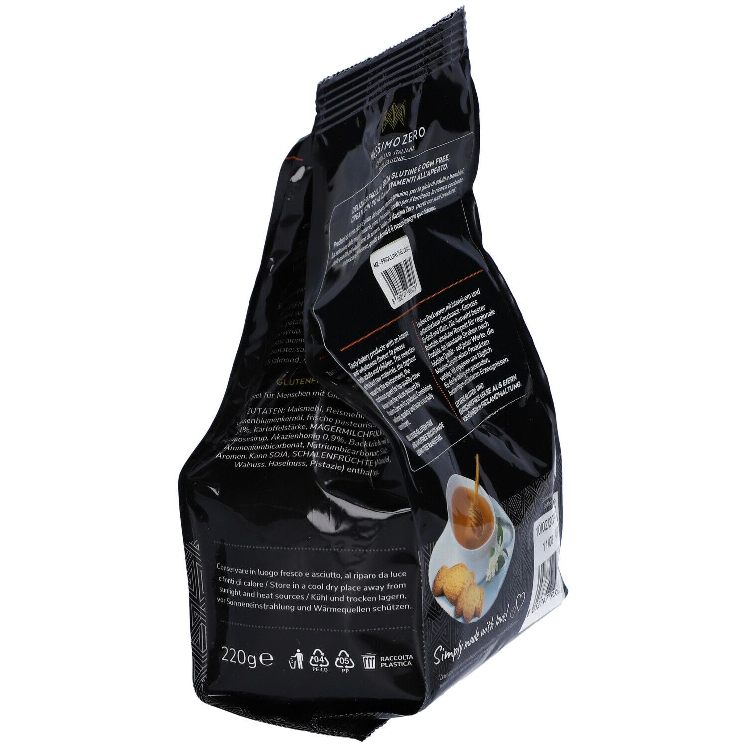Confezione di Frollini Massimo Zero. Retro con testo e informazioni nutrizionali. 220g. Senza glutine.