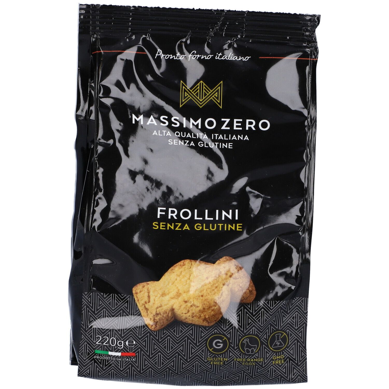 Confezione nera di Frollini Massimo Zero senza glutine. 220g. Biscotti visibili. Bandiera italiana e certificazioni.