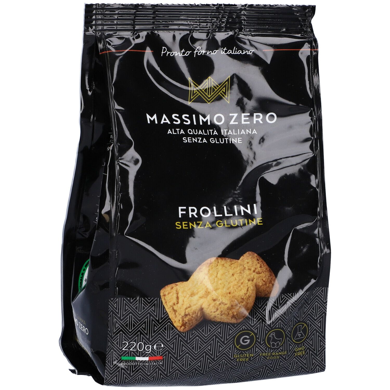 Confezione nera di Frollini Massimo Zero senza glutine. 220g. Biscotti visibili. Certificazioni.