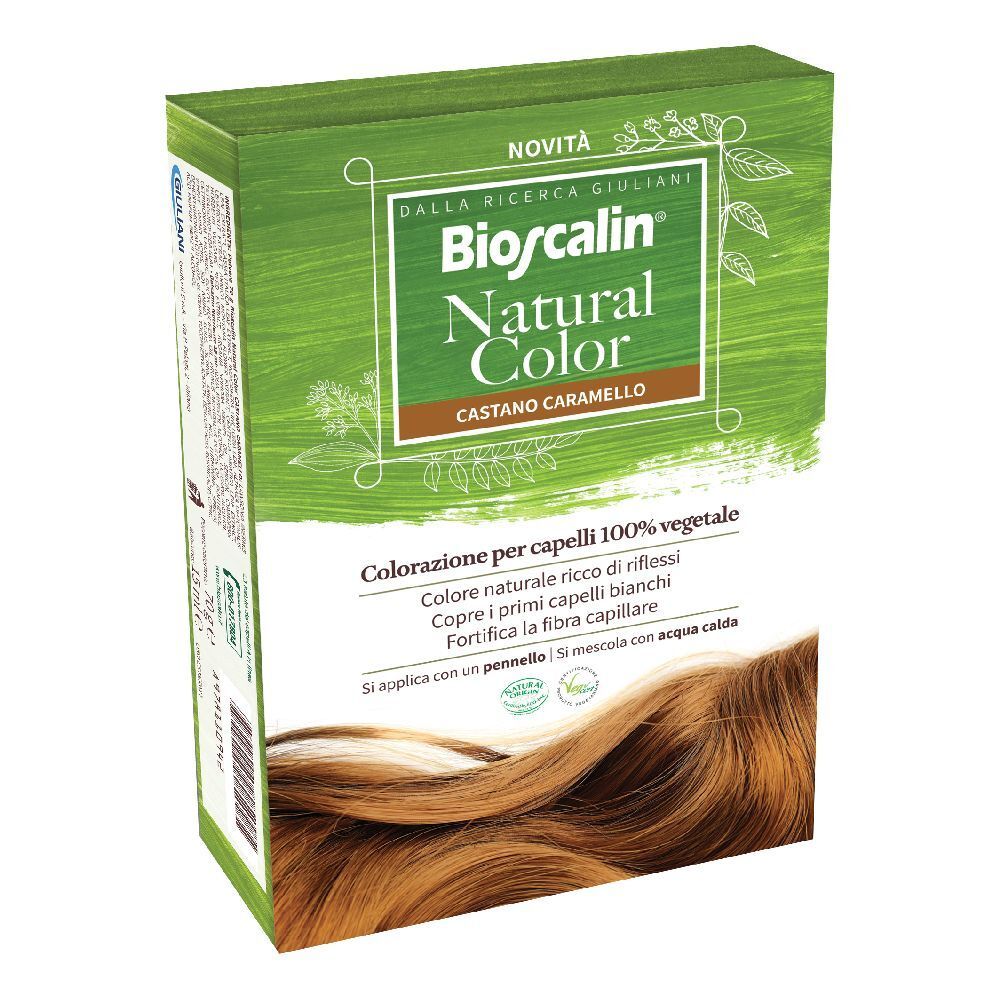 Bioscalin Natural Color, castano caramello. Confezione con immagine e testo. Colorazione per capelli 100% vegetale.