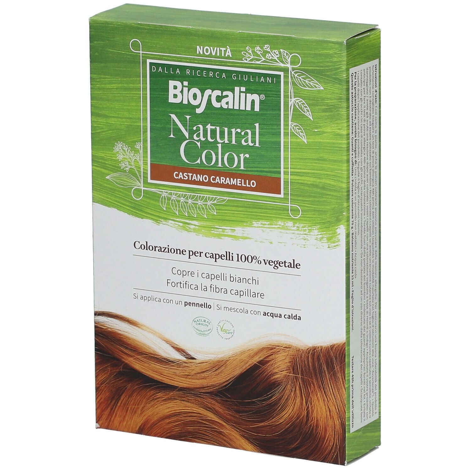 Bioscalin Natural Color, castano caramello. Vista laterale della confezione. Testo e immagine. Colorazione per capelli 100% vegetale.