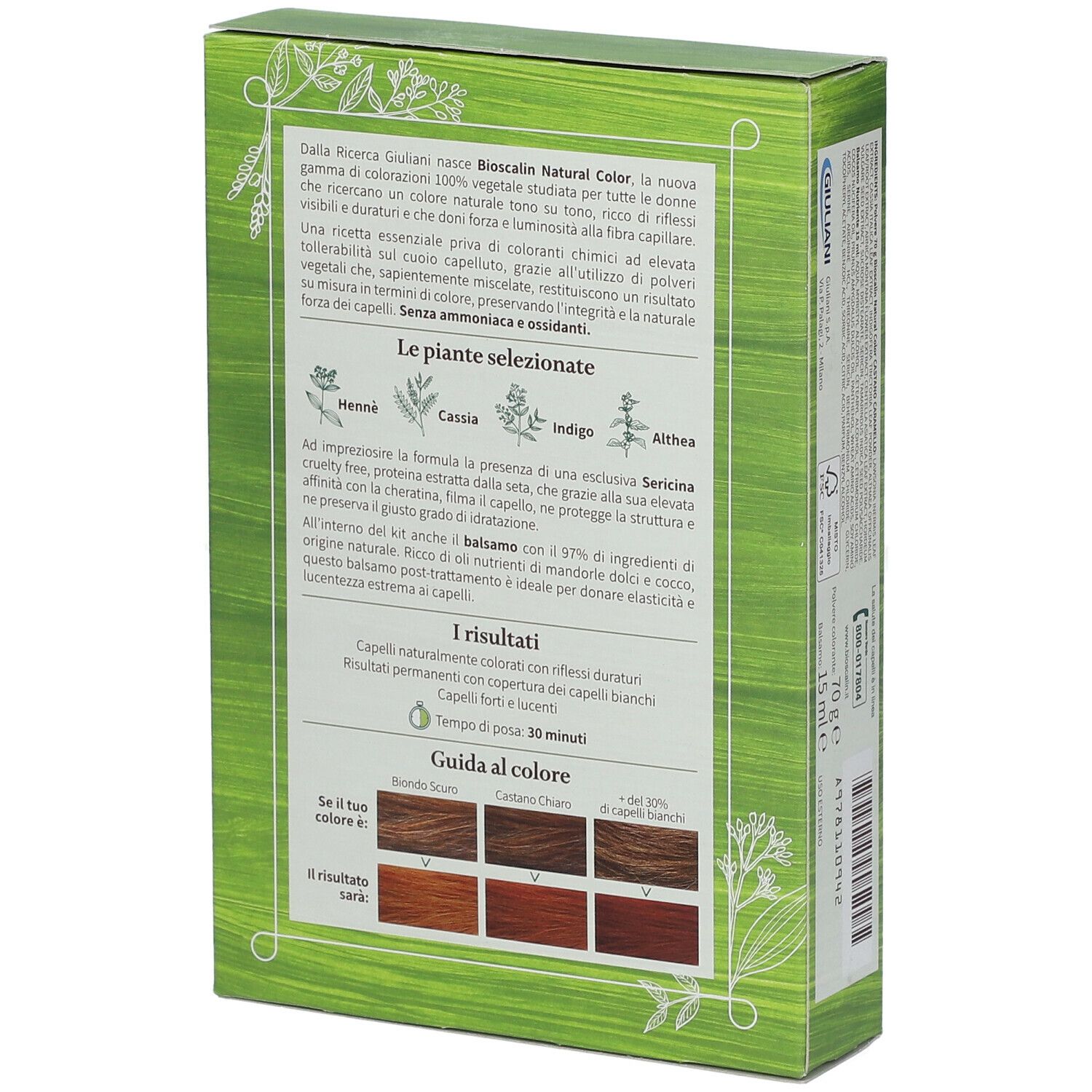Bioscalin Natural Color, castano caramello. Retro della confezione. Testo su ingredienti e uso. Esempi di colore.