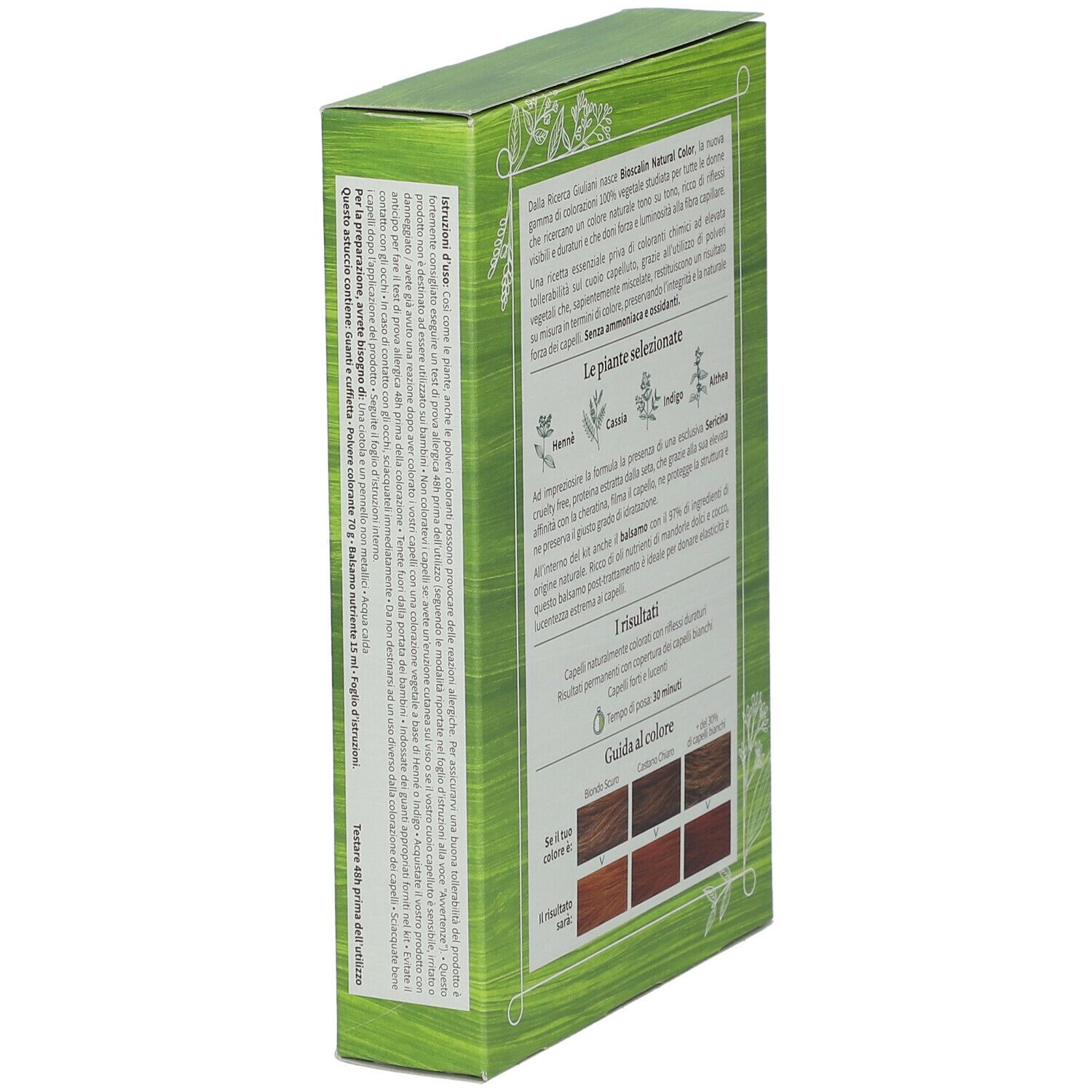 Bioscalin Natural Color, castano caramello. Retro della confezione. Testo su ingredienti e uso. Esempi di colore.