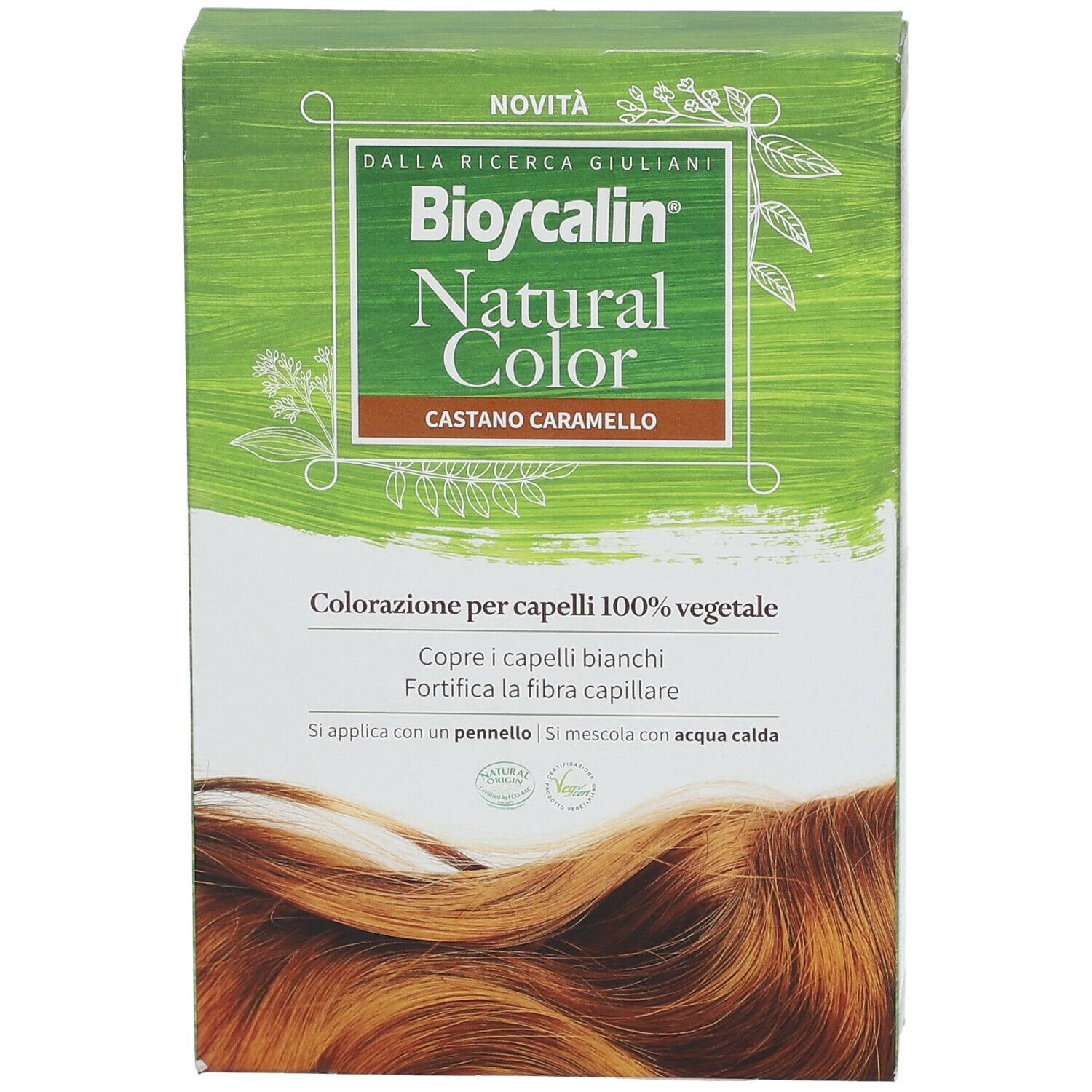 Bioscalin Natural Color, castano caramello. Confezione con immagine e testo. Colorazione per capelli 100% vegetale.