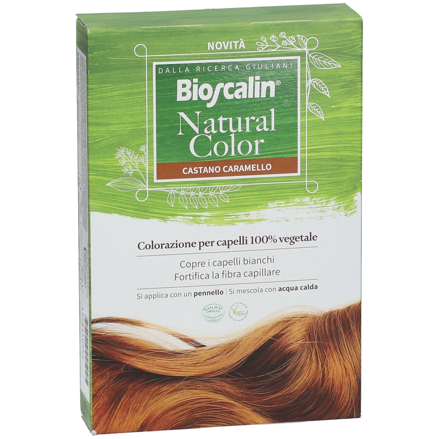 Bioscalin Natural Color, castano caramello. Confezione con immagine e testo. Colorazione per capelli 100% vegetale.