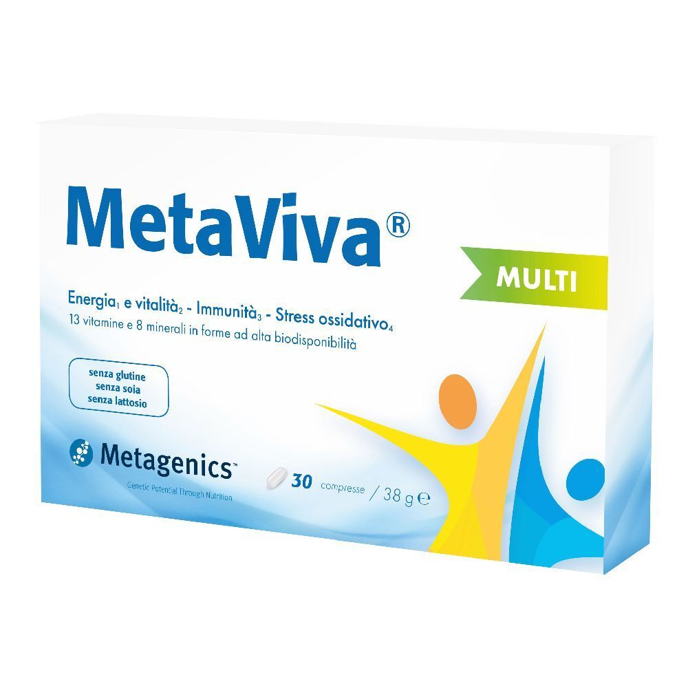 Scatola bianca MetaViva Multi. Contiene 30 compresse. Scritta: Energia, vitalità, immunità, stress ossidativo. Marchio: Metagenics.