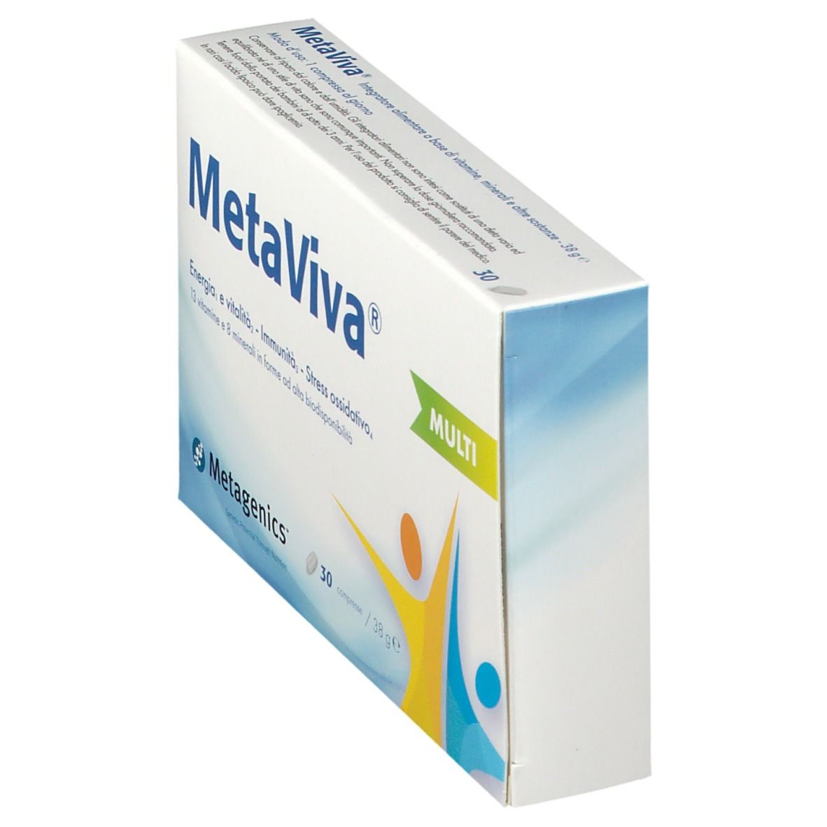Scatola MetaViva Multi in diagonale. Scritta: MetaViva, energia, vitalità, immunità, stress ossidativo. Marchio: Metagenics. 30 compresse.