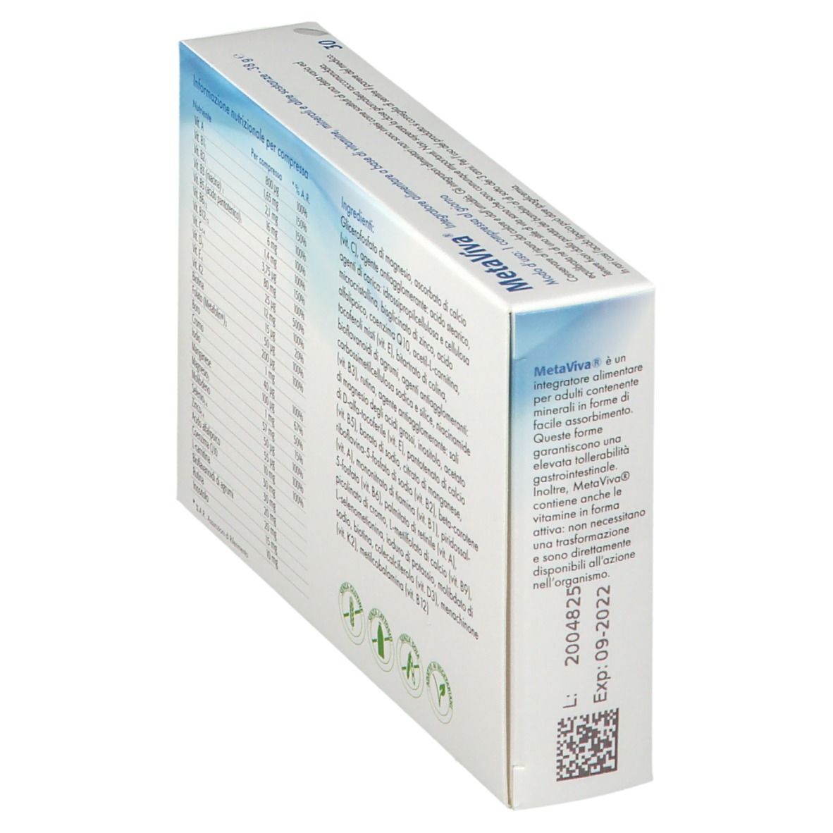 Vista obliqua della scatola MetaViva Multi. Contiene informazioni nutrizionali e ingredienti. Logo: Senza glutine, senza soia, senza lattosio. Marchio: Metagenics.