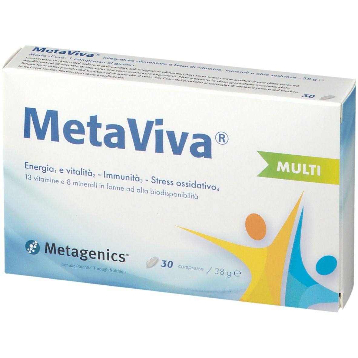 Scatola bianca MetaViva Multi. Contiene 30 compresse. Scritta: Energia, vitalità, immunità, stress ossidativo. Marchio: Metagenics.