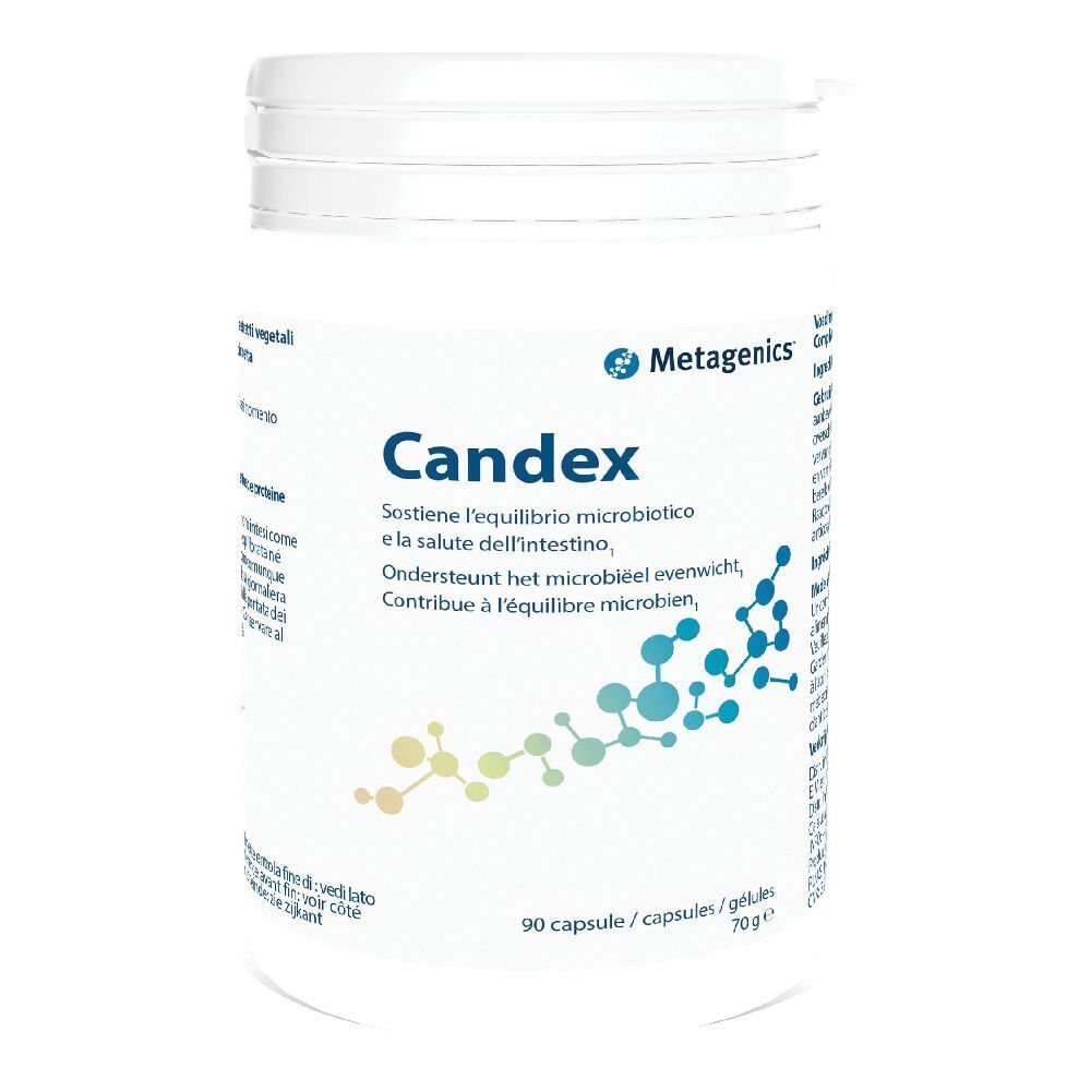 Flacone bianco Candex Metagenics, 90 capsule. Testo multilingue sull'etichetta.