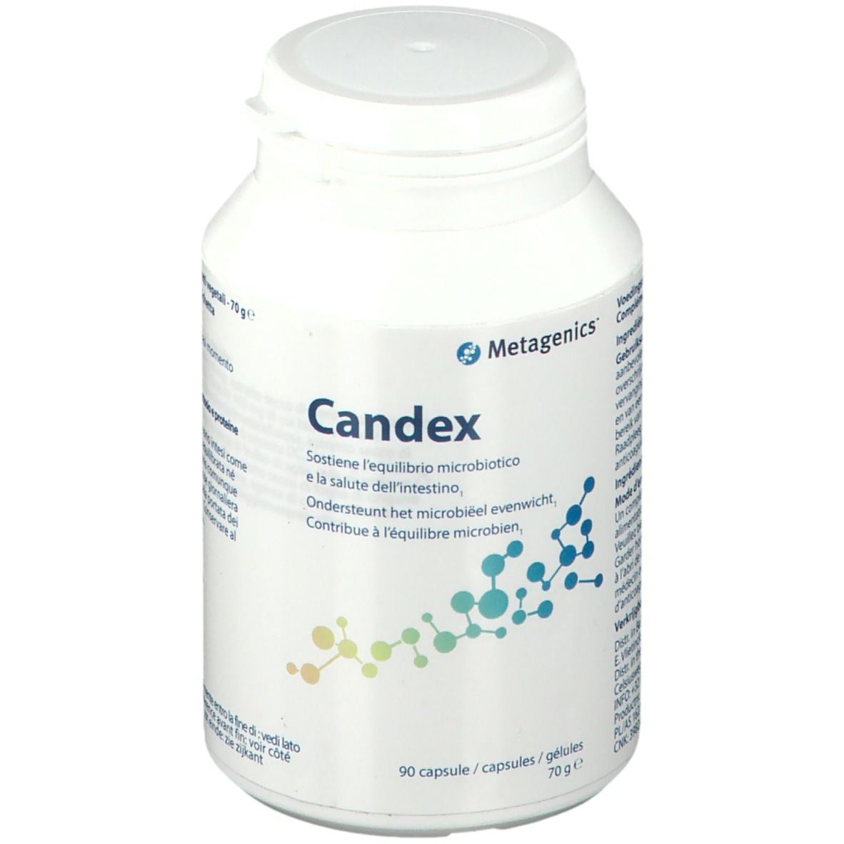 Contenitore bianco Candex Metagenics, 90 capsule. Testo multilingue.